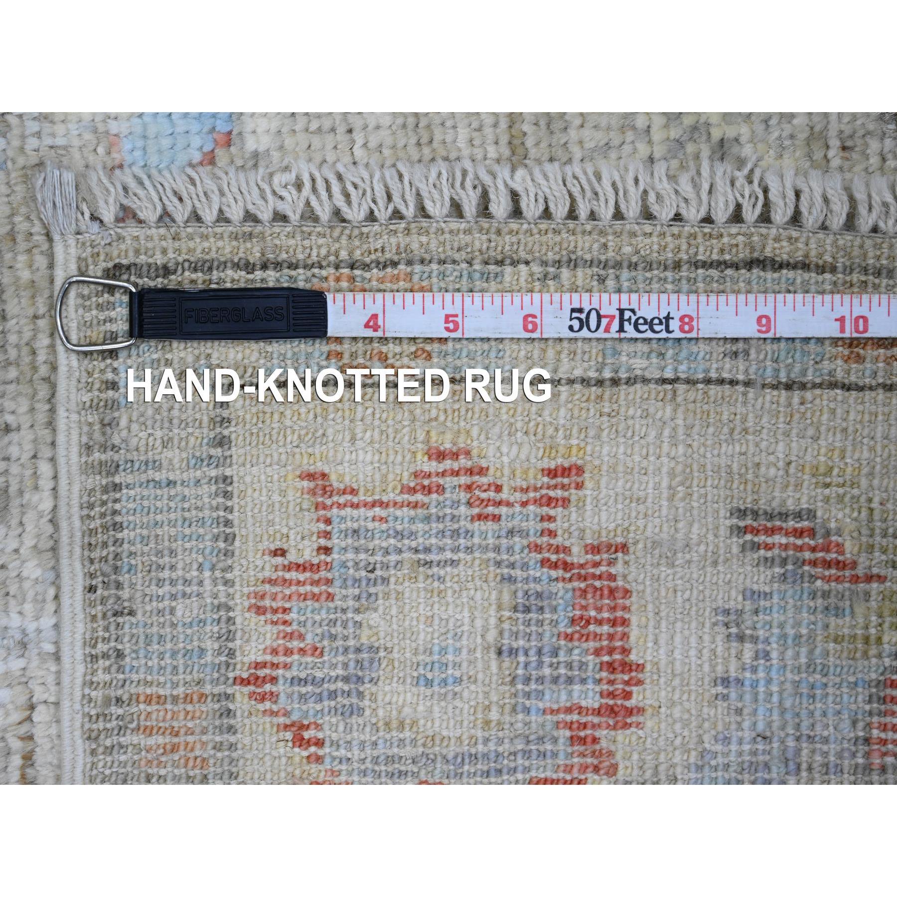 4'2"x6'1" Artichoke Green, Hand Knotted, Afghan Angora Oushak with Colorful Leaf Design, Vegetable Dyes, 100% Wool, Oriental Rug Sh20212