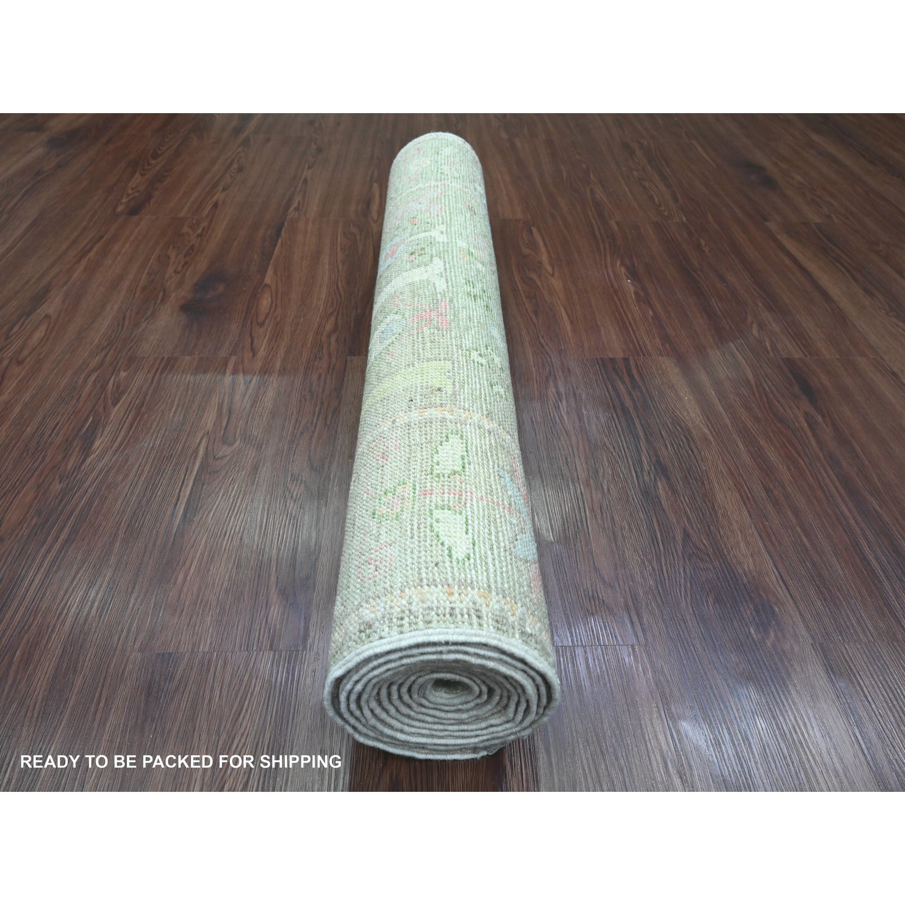 3'2"x9'9" Laurel Green, Hand Knotted, Afghan Angora Oushak with Willow and Cypress Tree Design, Vegetable Dyes, 100% Wool, Runner, Oriental Rug Sh20216