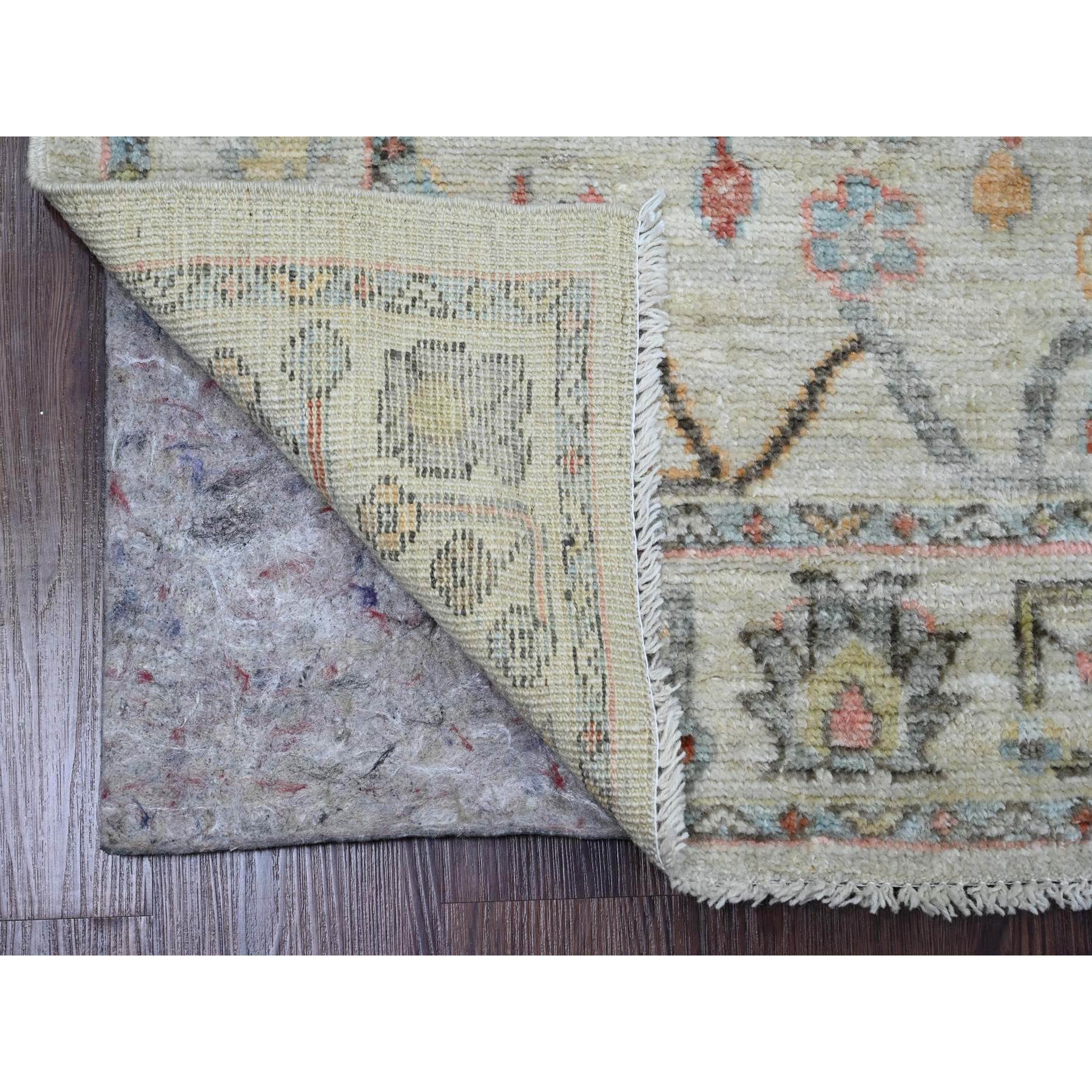 3'x6' Seashell White, Hand Knotted, Afghan Angora Oushak with Colorful Leaf Design, Vegetable Dyes, Pure Wool, Runner, Oriental Rug Sh20217