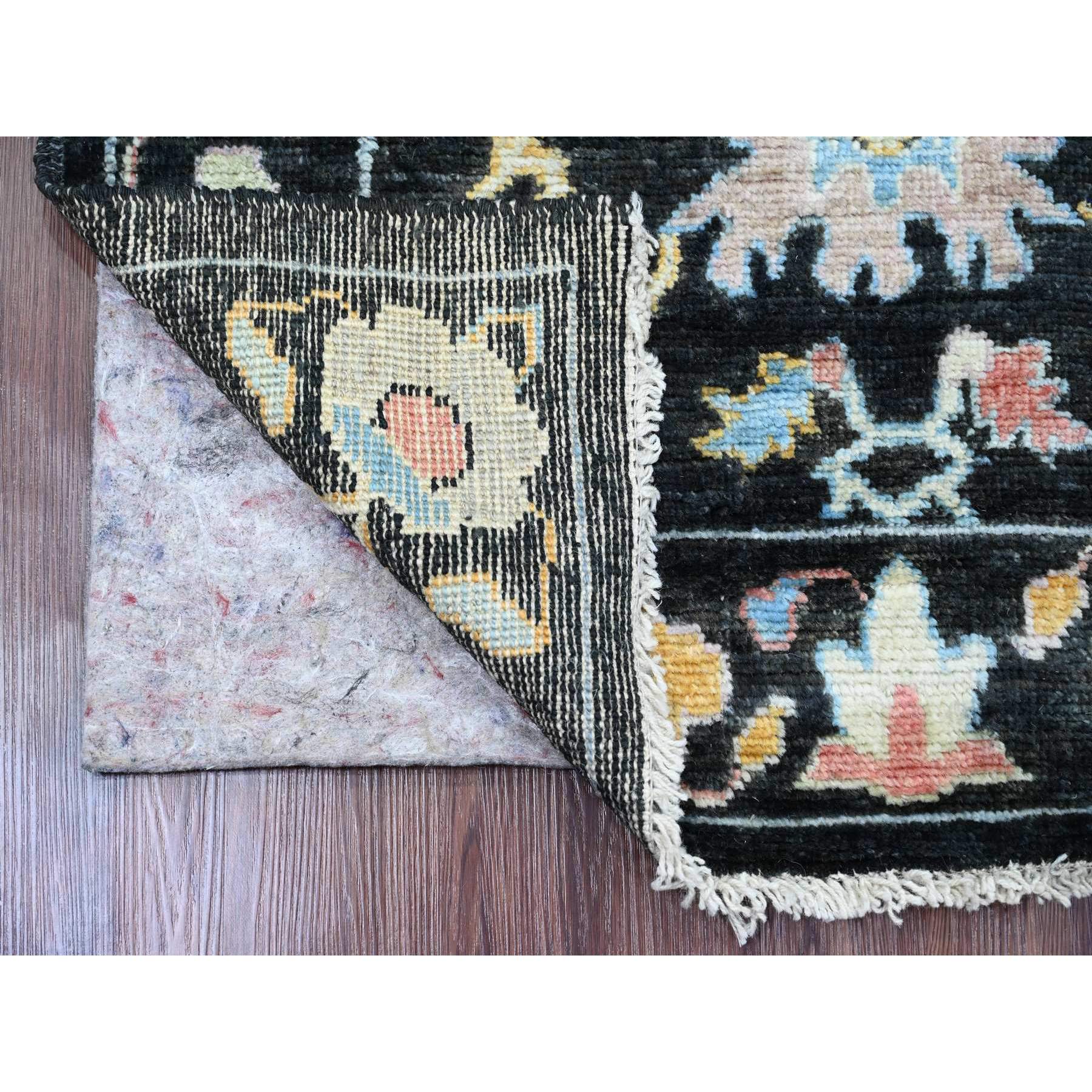3'x9'9" Ink Black, Afghan Angora Oushak with Pop of Color, Leaf Design, Hand Knotted, Vegetable Dyes, 100% Wool, Runner, Oriental Rug Sh20220