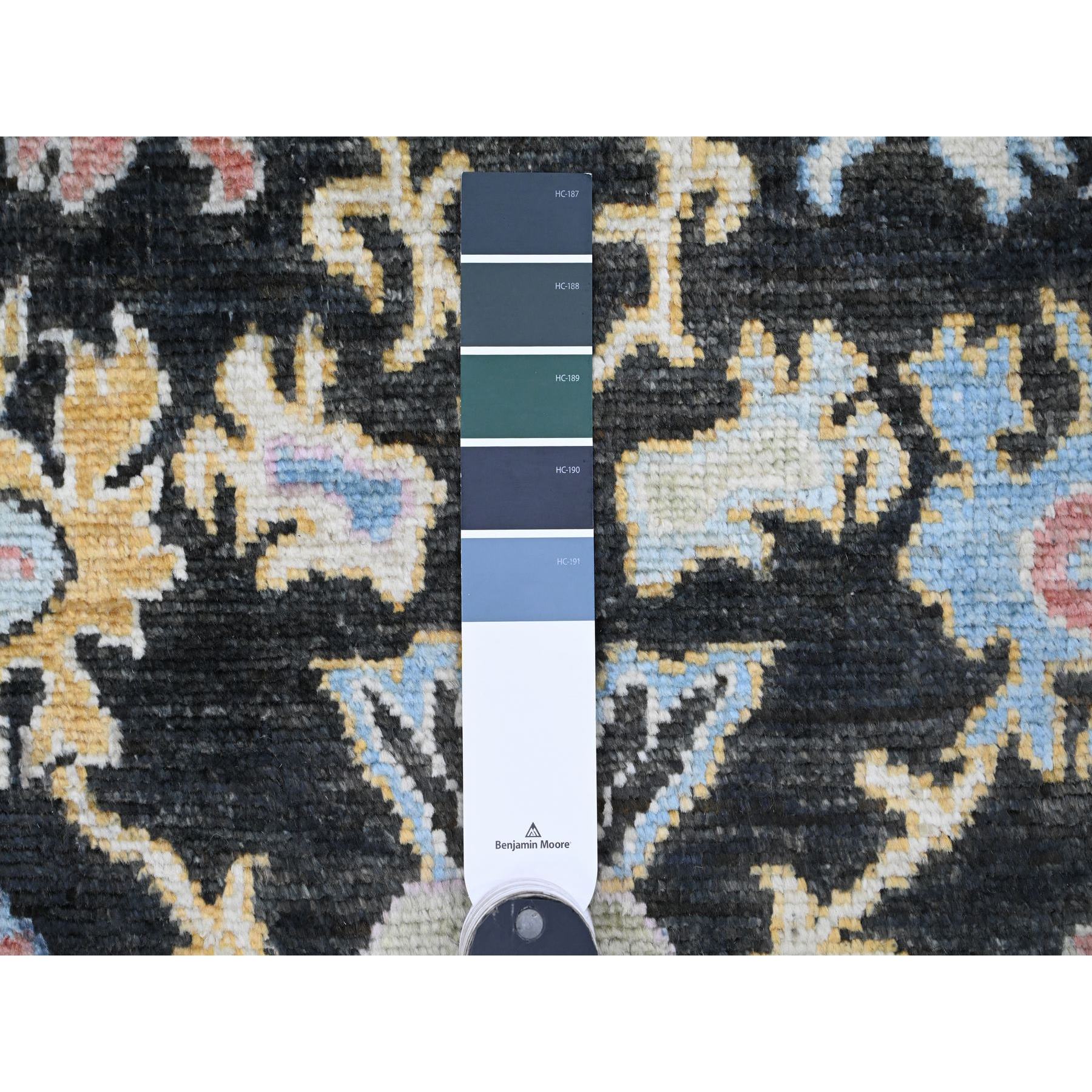3'x9'9" Ink Black, Afghan Angora Oushak with Pop of Color, Leaf Design, Hand Knotted, Vegetable Dyes, 100% Wool, Runner, Oriental Rug Sh20220
