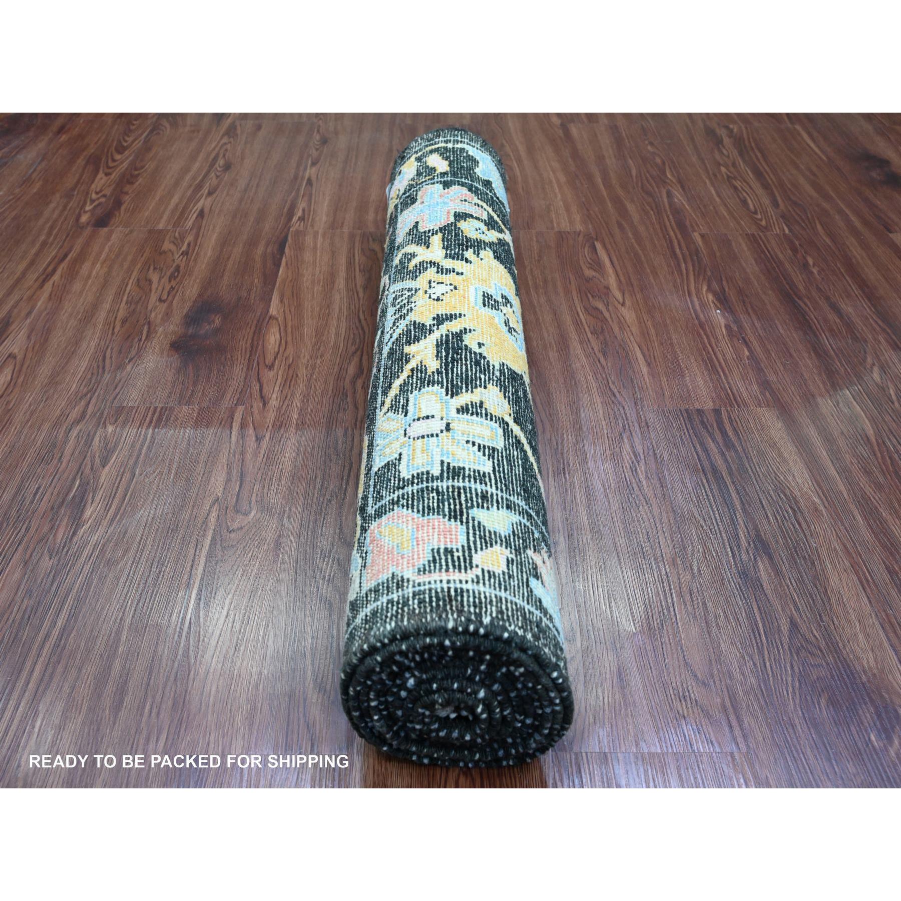 3'x9'9" Ink Black, Afghan Angora Oushak with Pop of Color, Leaf Design, Hand Knotted, Vegetable Dyes, 100% Wool, Runner, Oriental Rug Sh20220