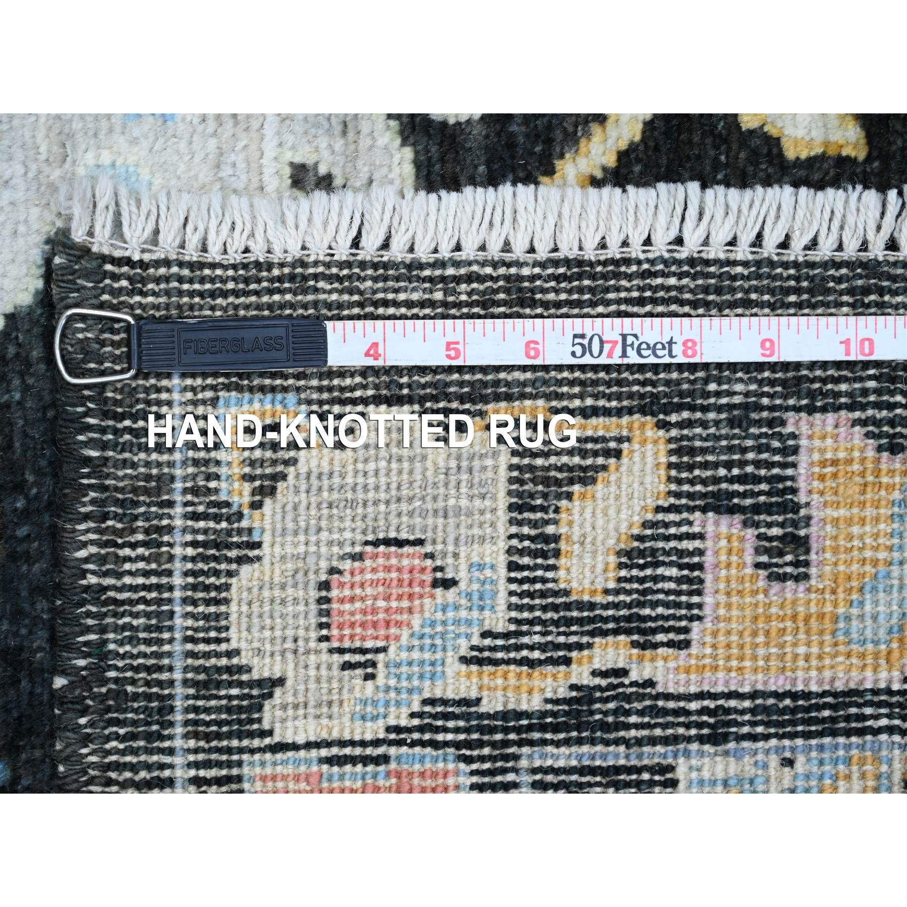 3'x9'9" Ink Black, Afghan Angora Oushak with Pop of Color, Leaf Design, Hand Knotted, Vegetable Dyes, 100% Wool, Runner, Oriental Rug Sh20220