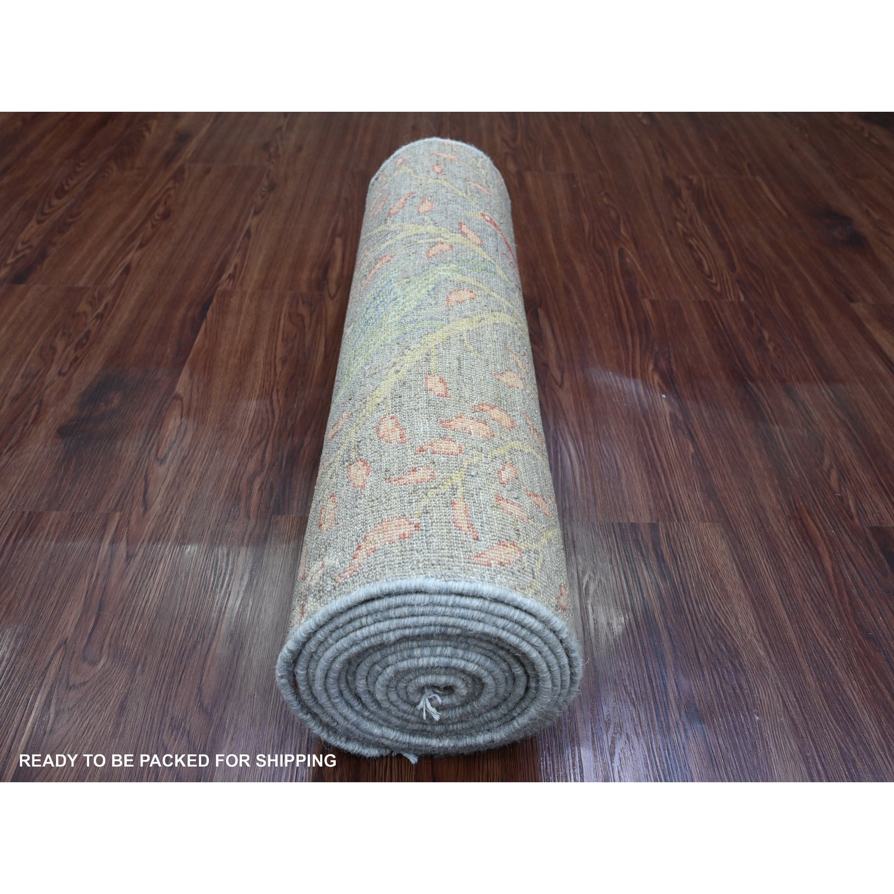 2'6"x15'7" Mink Gray, Afghan Peshawar with Birds of Paradise Design, Soft Wool, Vegetable Dyes, Hand Knotted, XL Runner, Oriental Rug Sh20226