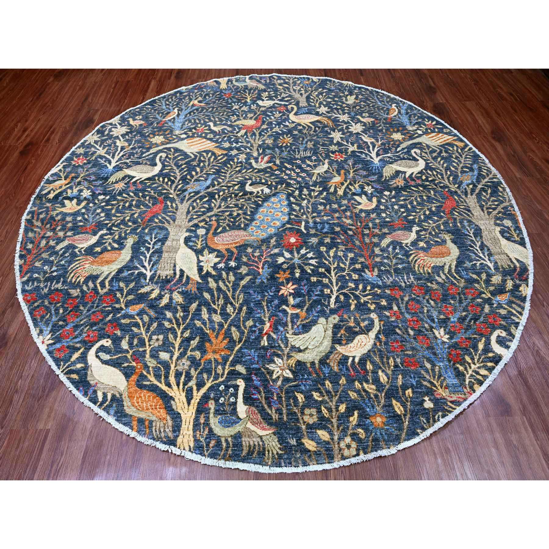 9'6"x9'6" Aegean Blue, Hand Knotted, Afghan Peshawar with Birds of Paradise Design, Soft and Velvety Wool, Natural Dyes, Round, Oriental Rug Sh20233