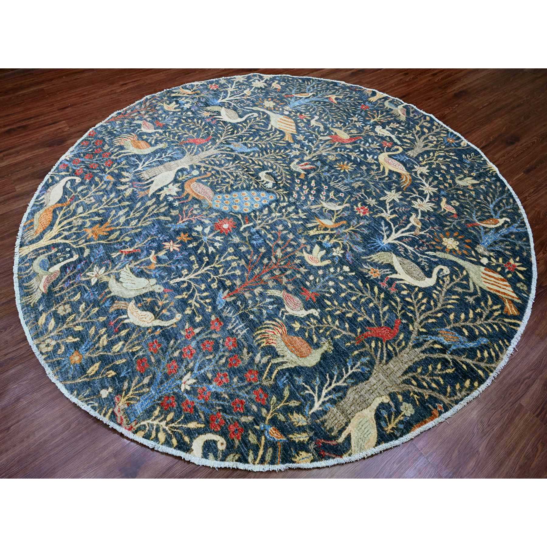 9'6"x9'6" Aegean Blue, Hand Knotted, Afghan Peshawar with Birds of Paradise Design, Soft and Velvety Wool, Natural Dyes, Round, Oriental Rug Sh20233