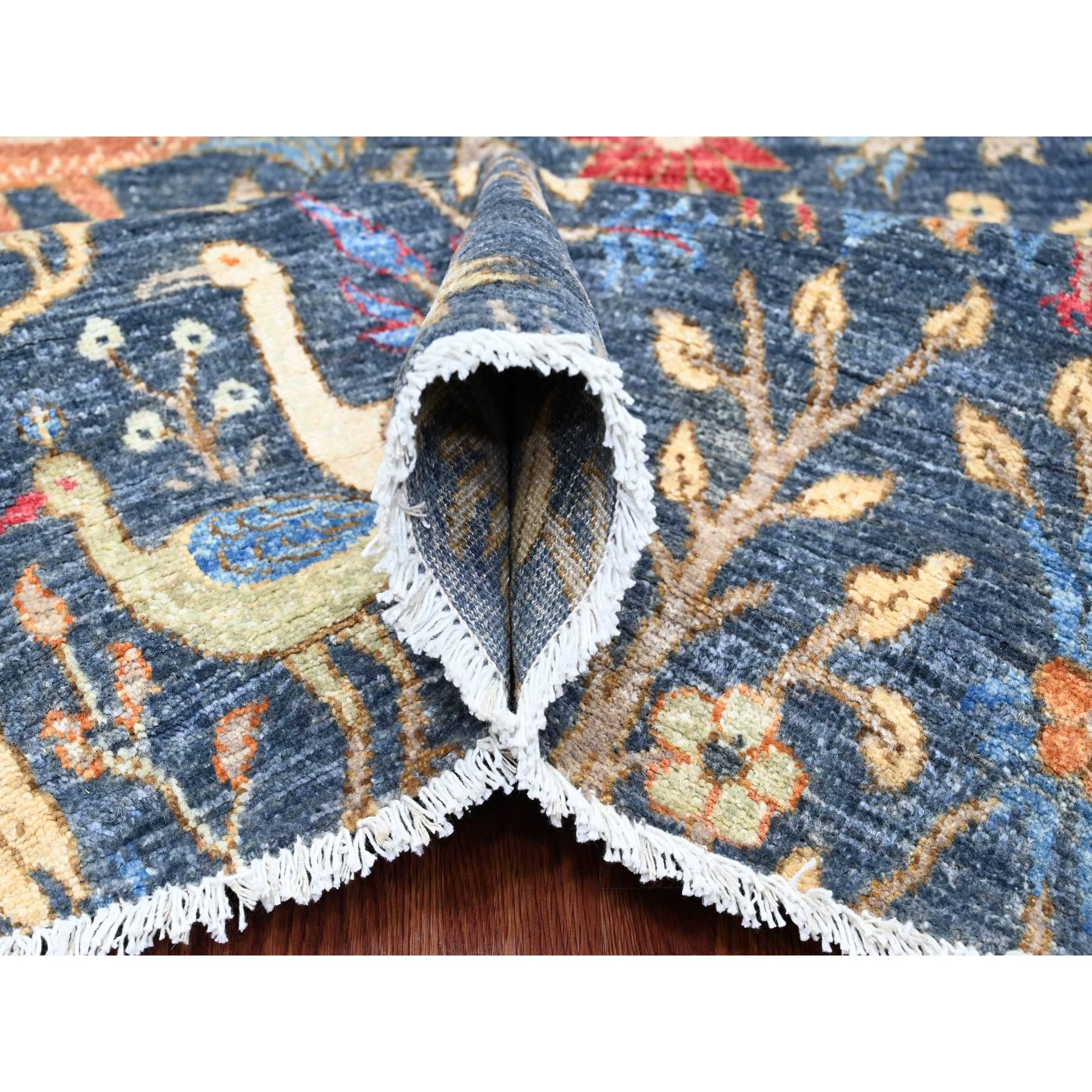 9'6"x9'6" Aegean Blue, Hand Knotted, Afghan Peshawar with Birds of Paradise Design, Soft and Velvety Wool, Natural Dyes, Round, Oriental Rug Sh20233