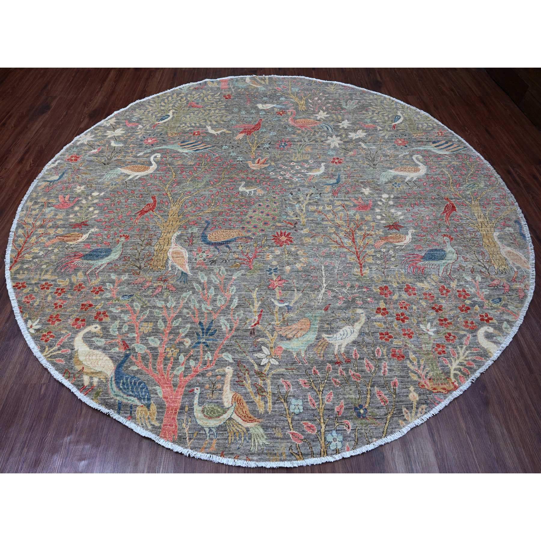 9'9"x9'9" Spanish Gray, Afghan Peshawar with Birds of Paradise Design, Hand Knotted, Soft Wool, Natural Dyes, Round, Oriental Rug Sh20234