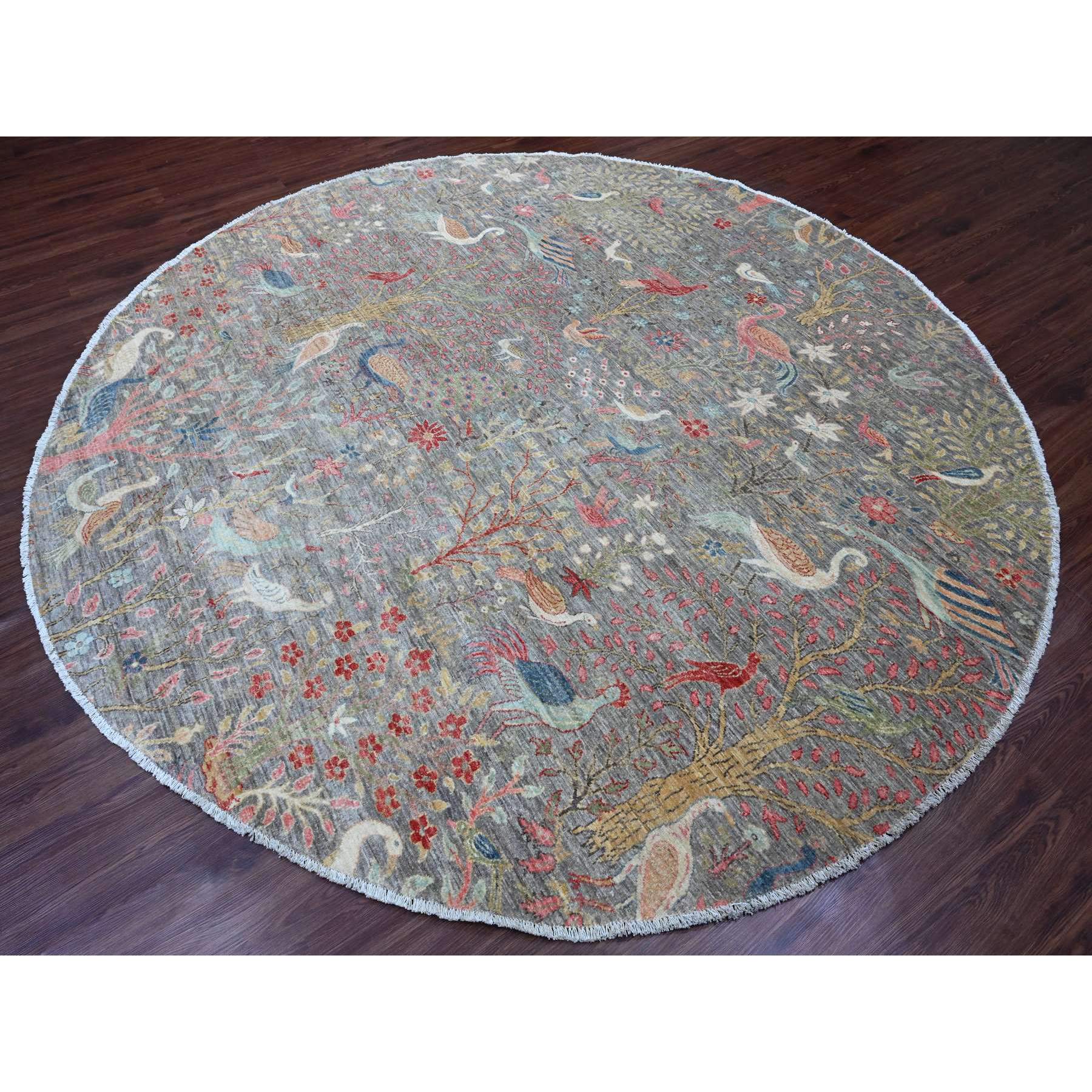 9'9"x9'9" Spanish Gray, Afghan Peshawar with Birds of Paradise Design, Hand Knotted, Soft Wool, Natural Dyes, Round, Oriental Rug Sh20234