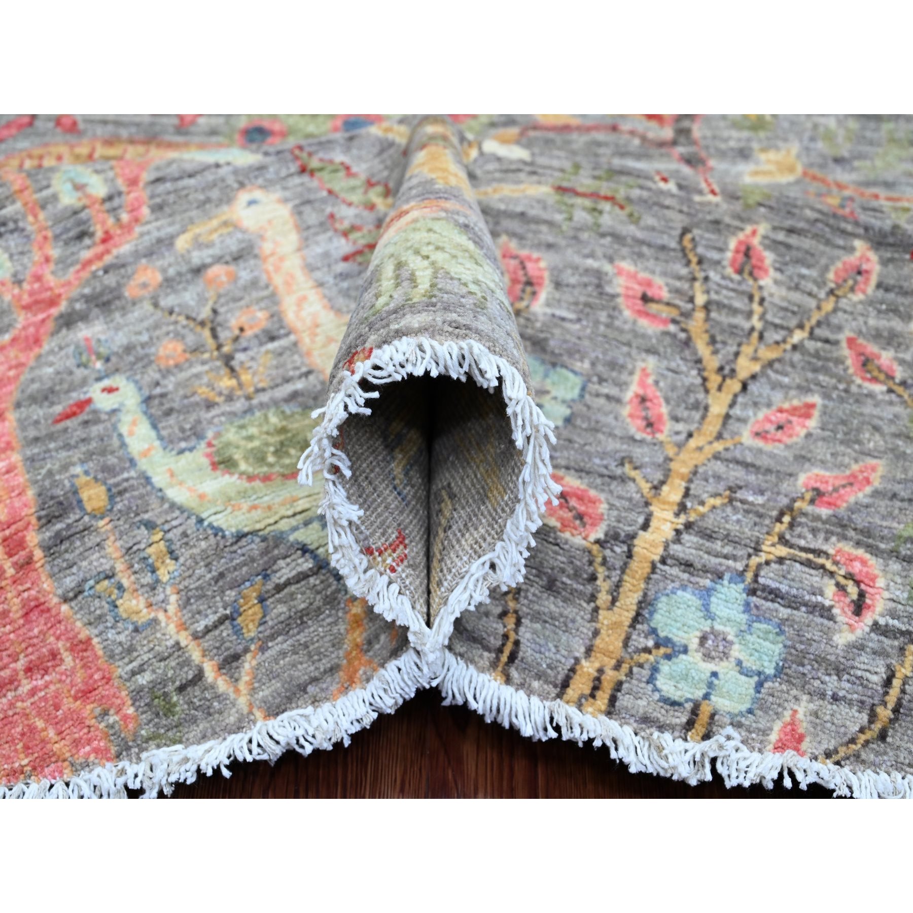 9'9"x9'9" Spanish Gray, Afghan Peshawar with Birds of Paradise Design, Hand Knotted, Soft Wool, Natural Dyes, Round, Oriental Rug Sh20234