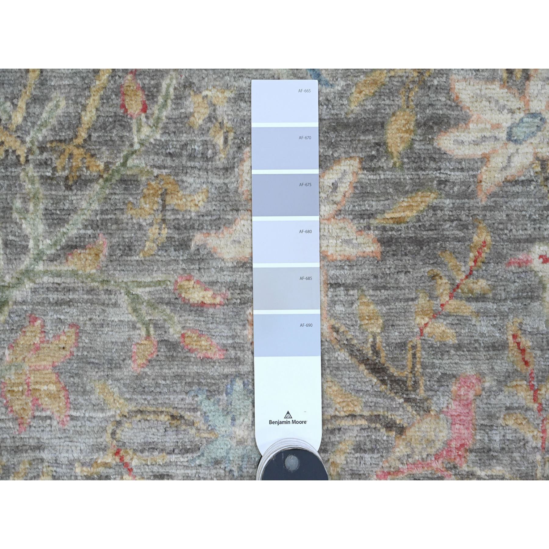 9'9"x9'9" Spanish Gray, Afghan Peshawar with Birds of Paradise Design, Hand Knotted, Soft Wool, Natural Dyes, Round, Oriental Rug Sh20234
