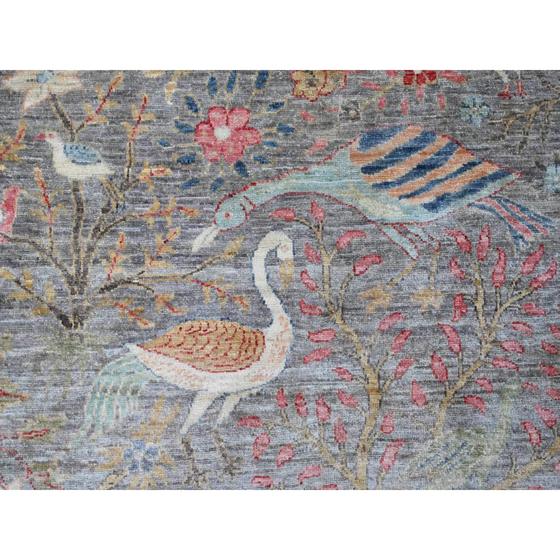 9'9"x9'9" Spanish Gray, Afghan Peshawar with Birds of Paradise Design, Hand Knotted, Soft Wool, Natural Dyes, Round, Oriental Rug Sh20234