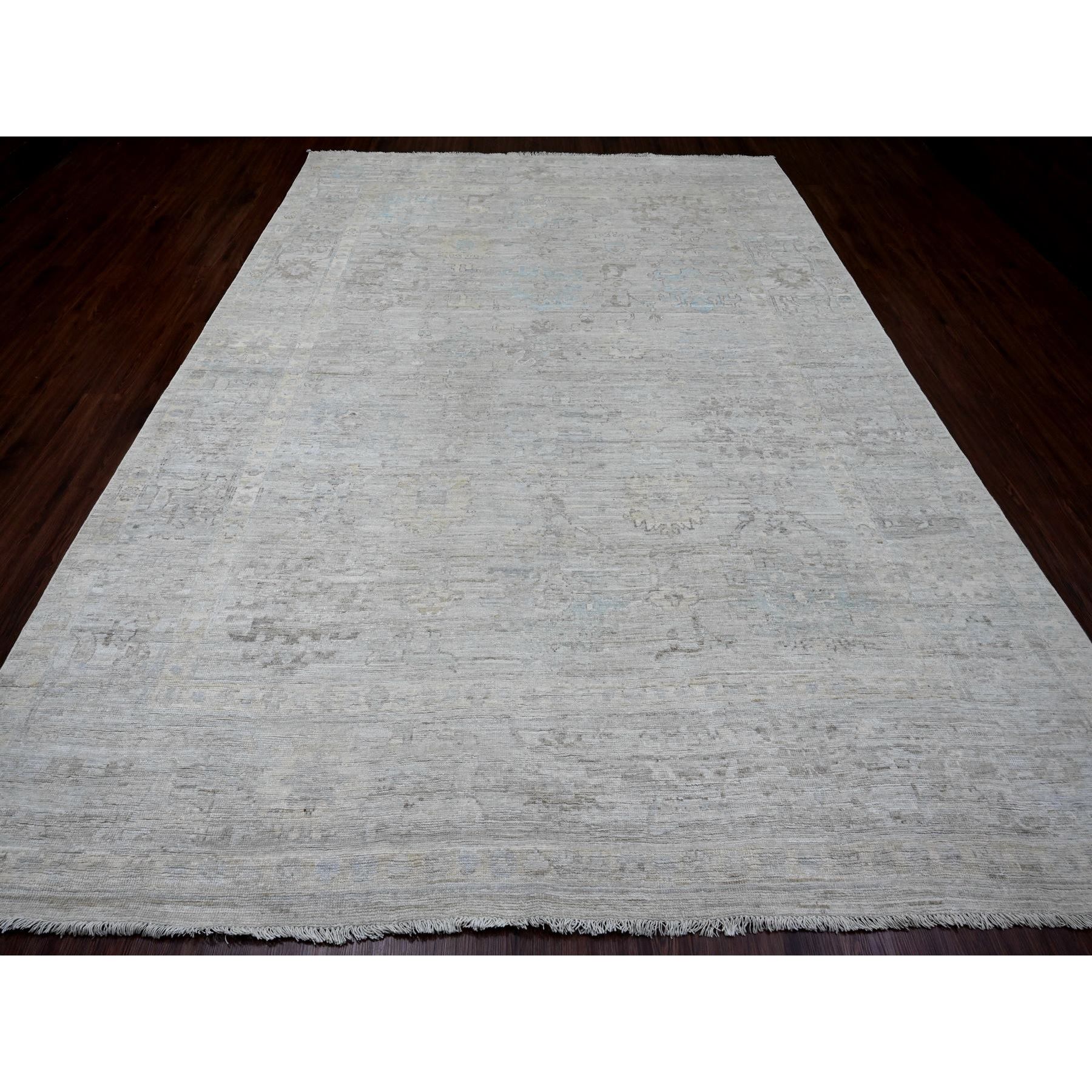 8'9"x12'7" Pastel Gray, Hand Knotted, Afghan Angora Oushak with Faded Leaf Design, Vegetable Dyes, 100% Wool, Oriental Rug Sh20236