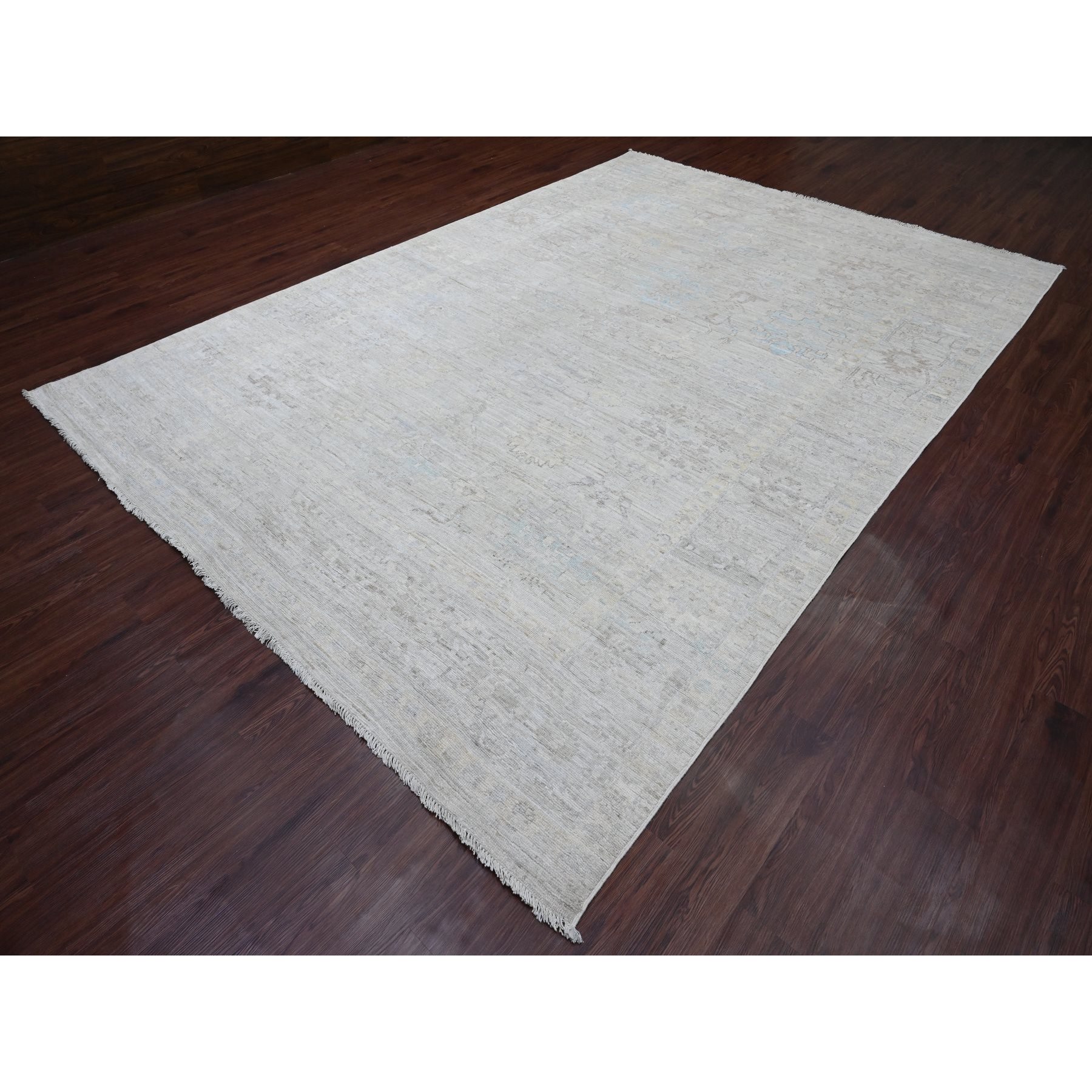 8'9"x12'7" Pastel Gray, Hand Knotted, Afghan Angora Oushak with Faded Leaf Design, Vegetable Dyes, 100% Wool, Oriental Rug Sh20236