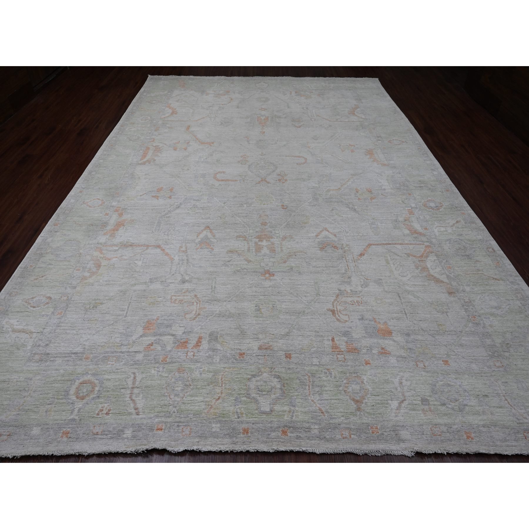 9'7"x13'6" Chiffon White, Afghan Angora Oushak with All Over Vines Design, Natural Dyes, 100% Wool, Hand Knotted, Oriental Rug Sh20238