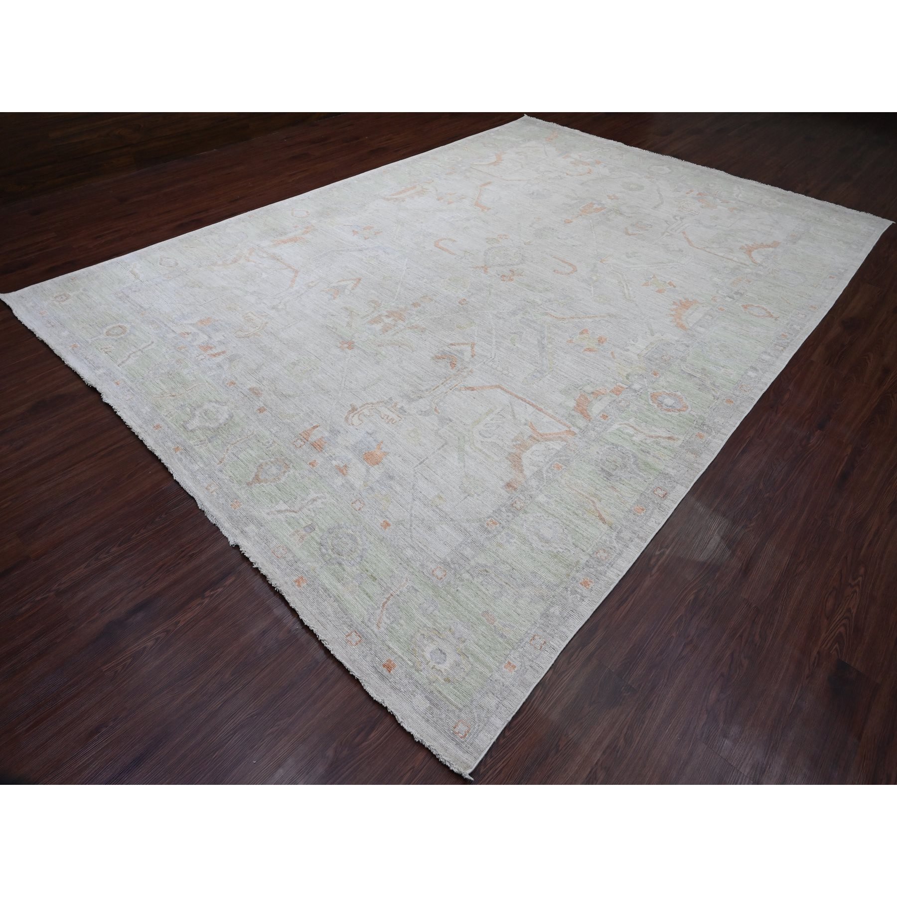 9'7"x13'6" Chiffon White, Afghan Angora Oushak with All Over Vines Design, Natural Dyes, 100% Wool, Hand Knotted, Oriental Rug Sh20238