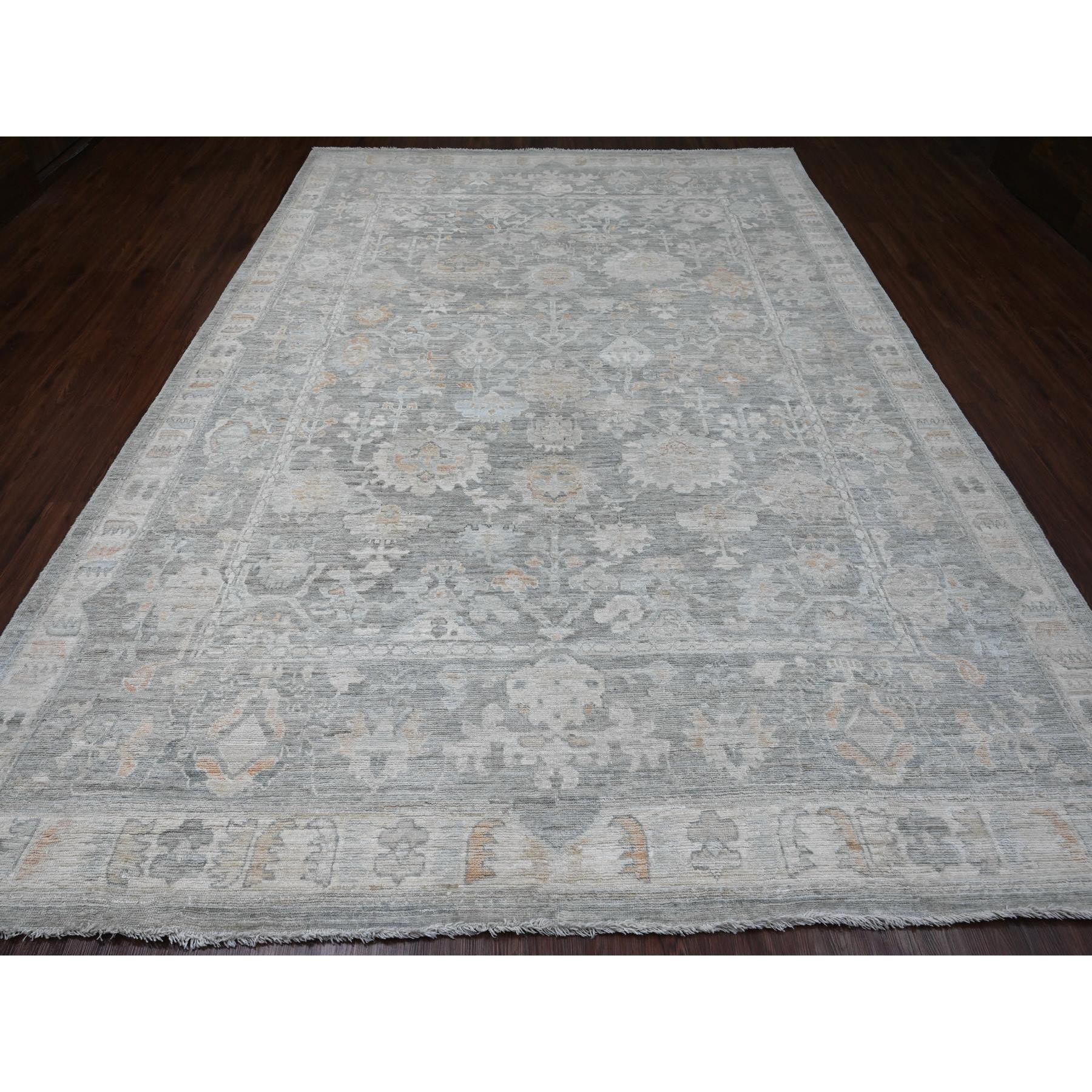 9'x12'6"Nickel Gray, Afghan Angora Oushak with All Over Leaf Design, Vegetable Dyes, 100% Wool, Hand Knotted, Oriental Rug Sh20240