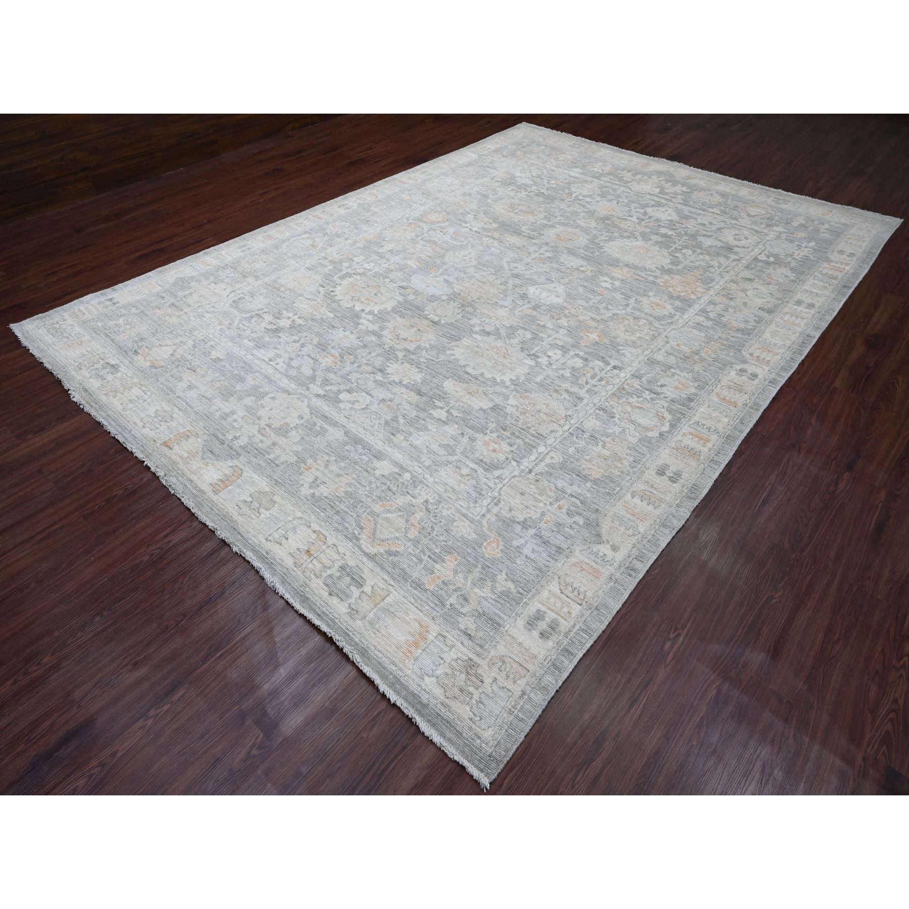 9'x12'6"Nickel Gray, Afghan Angora Oushak with All Over Leaf Design, Vegetable Dyes, 100% Wool, Hand Knotted, Oriental Rug Sh20240