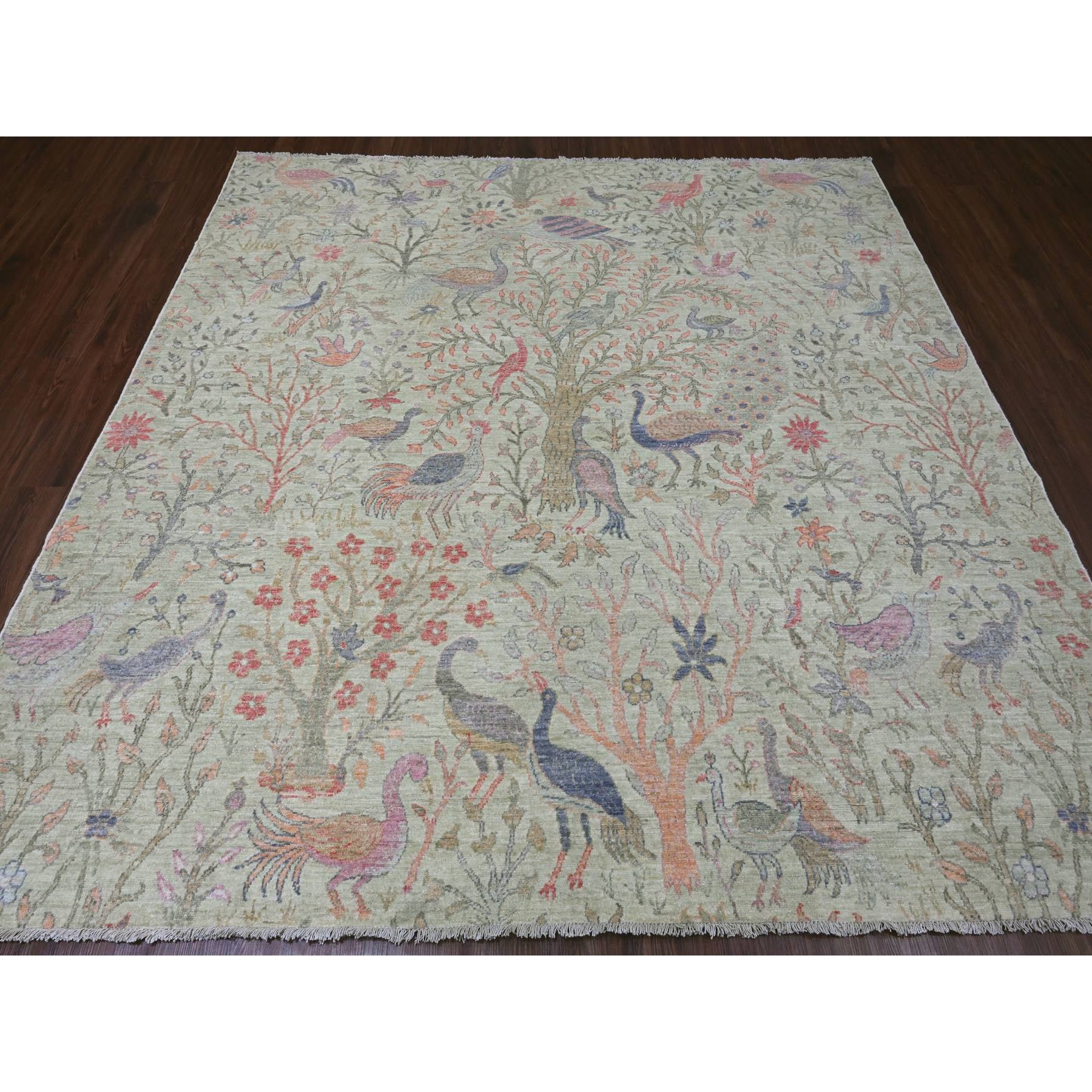 8'x8' Swamp Green, Hand Knotted, Afghan Peshawar with Birds of Paradise Design, Soft 100% Wool, Vegetable Dyes, Square, Oriental Rug Sh20245