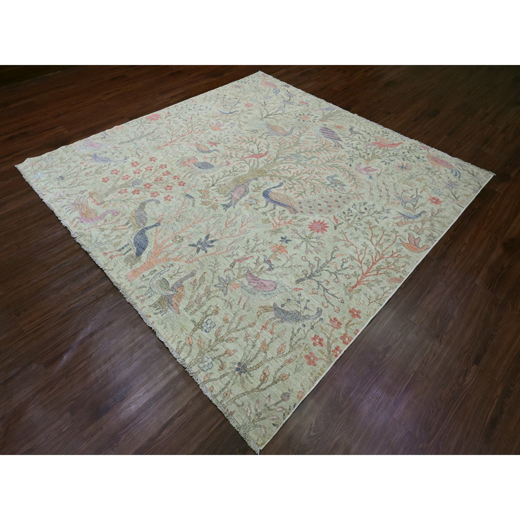 8'x8' Swamp Green, Hand Knotted, Afghan Peshawar with Birds of Paradise Design, Soft 100% Wool, Vegetable Dyes, Square, Oriental Rug Sh20245