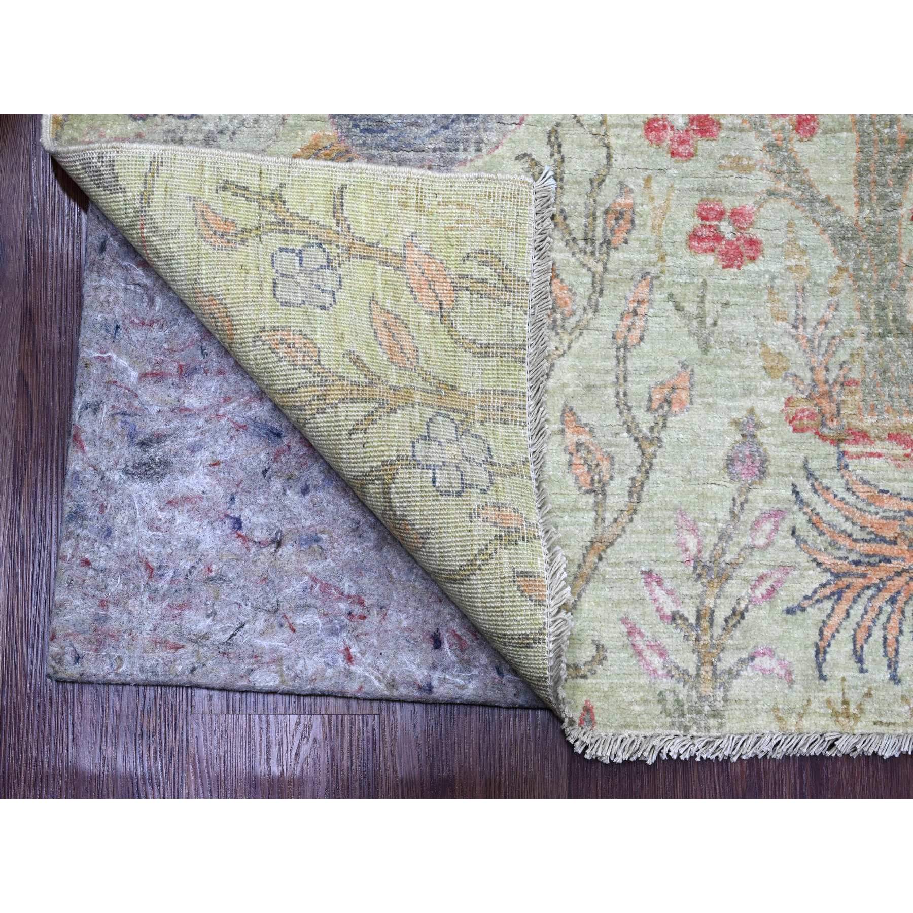 8'x8' Swamp Green, Hand Knotted, Afghan Peshawar with Birds of Paradise Design, Soft 100% Wool, Vegetable Dyes, Square, Oriental Rug Sh20245