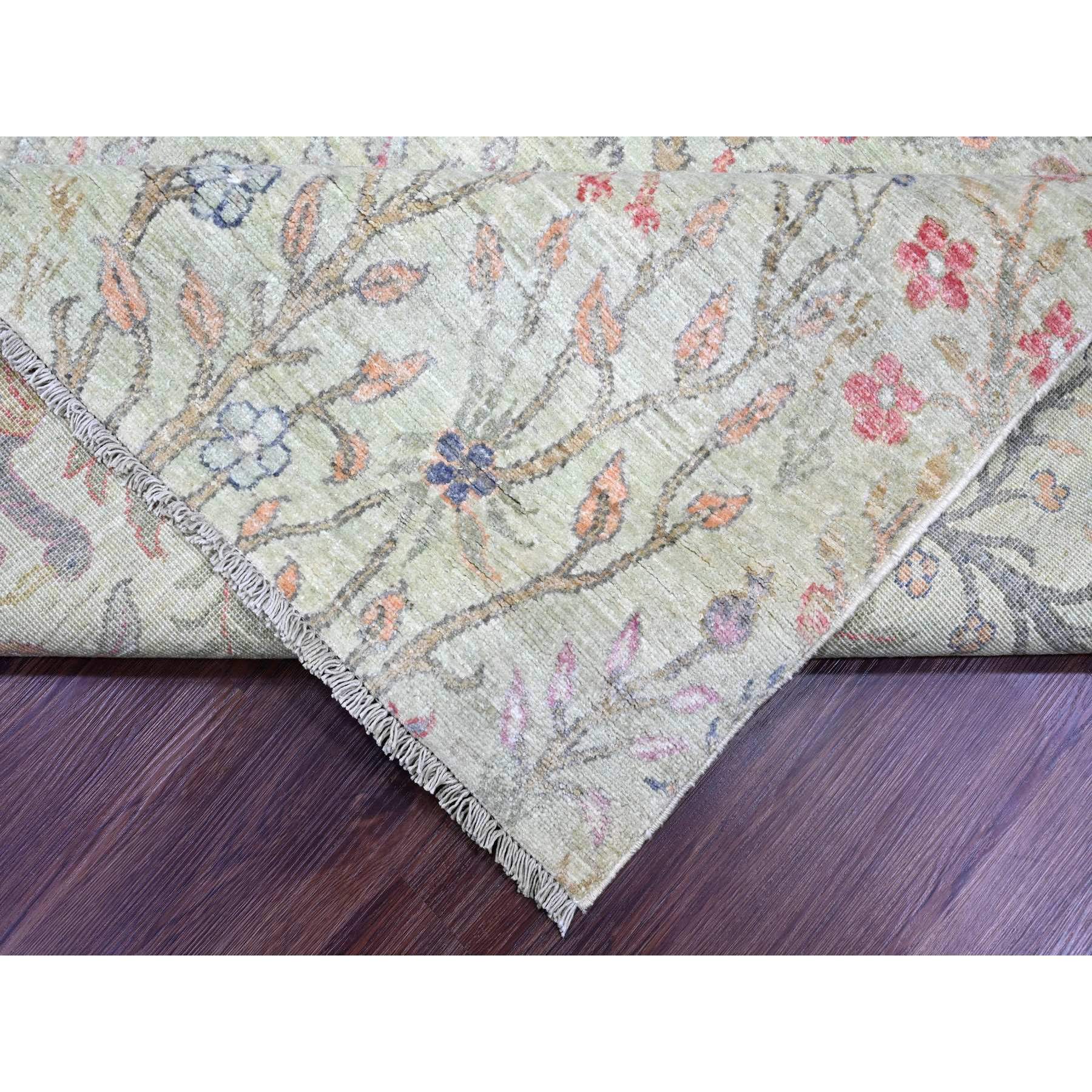 8'x8' Swamp Green, Hand Knotted, Afghan Peshawar with Birds of Paradise Design, Soft 100% Wool, Vegetable Dyes, Square, Oriental Rug Sh20245