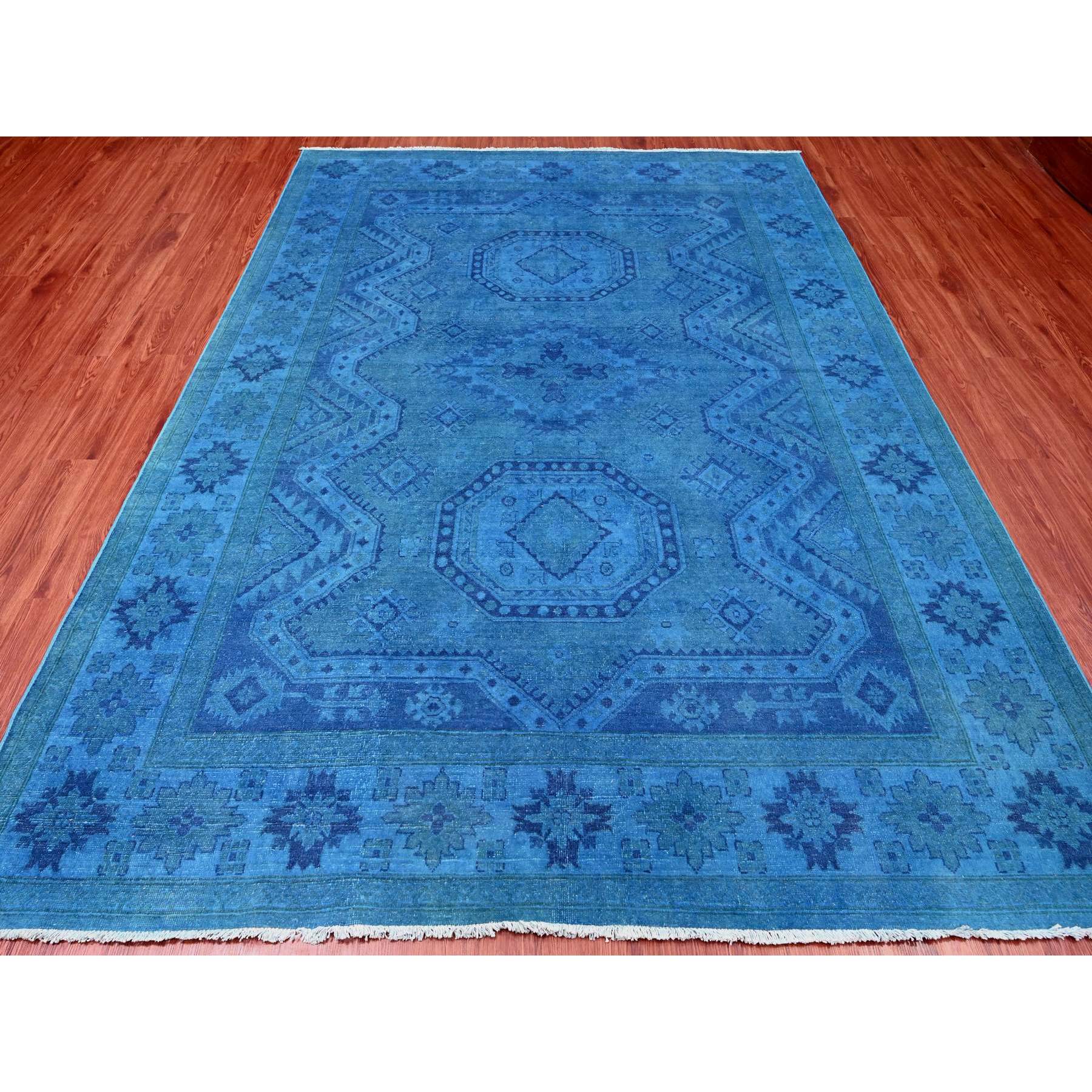 7'8"x10'1" Bayern Blue, Hand Knotted, Overdyed Kazak with Geometric Medallion Design, 100% Wool, Oriental Rug Sh20247