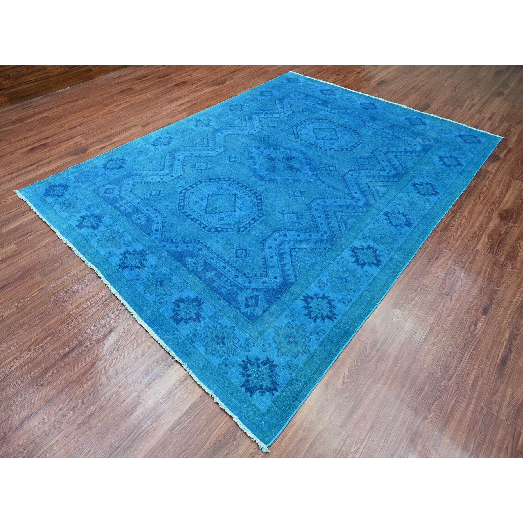 7'8"x10'1" Bayern Blue, Hand Knotted, Overdyed Kazak with Geometric Medallion Design, 100% Wool, Oriental Rug Sh20247