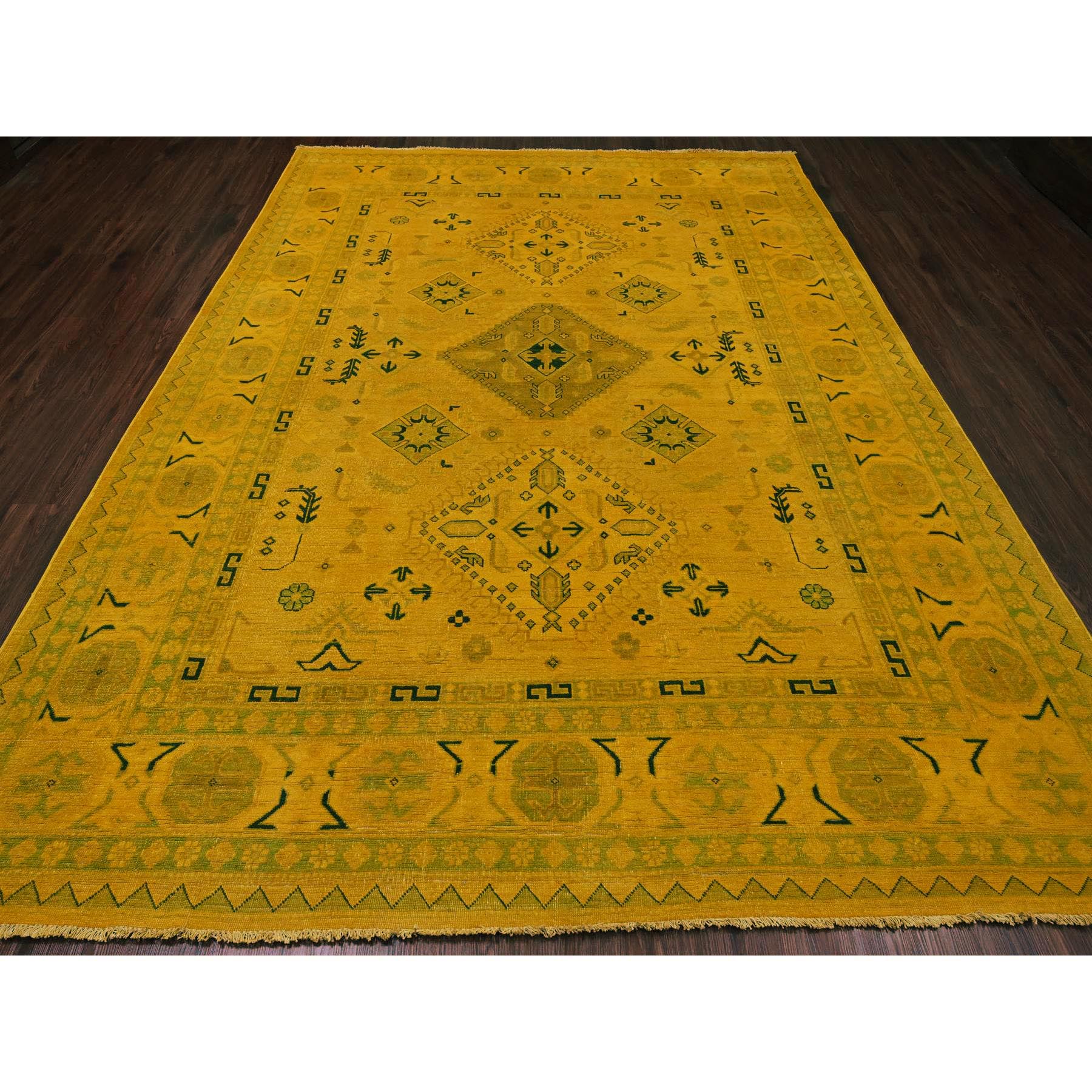 8'6"x11'4" Golden Yellow, Overdyed Kazak with Geometric Design, Hand Knotted, 100% Wool, Oriental Rug Sh20248
