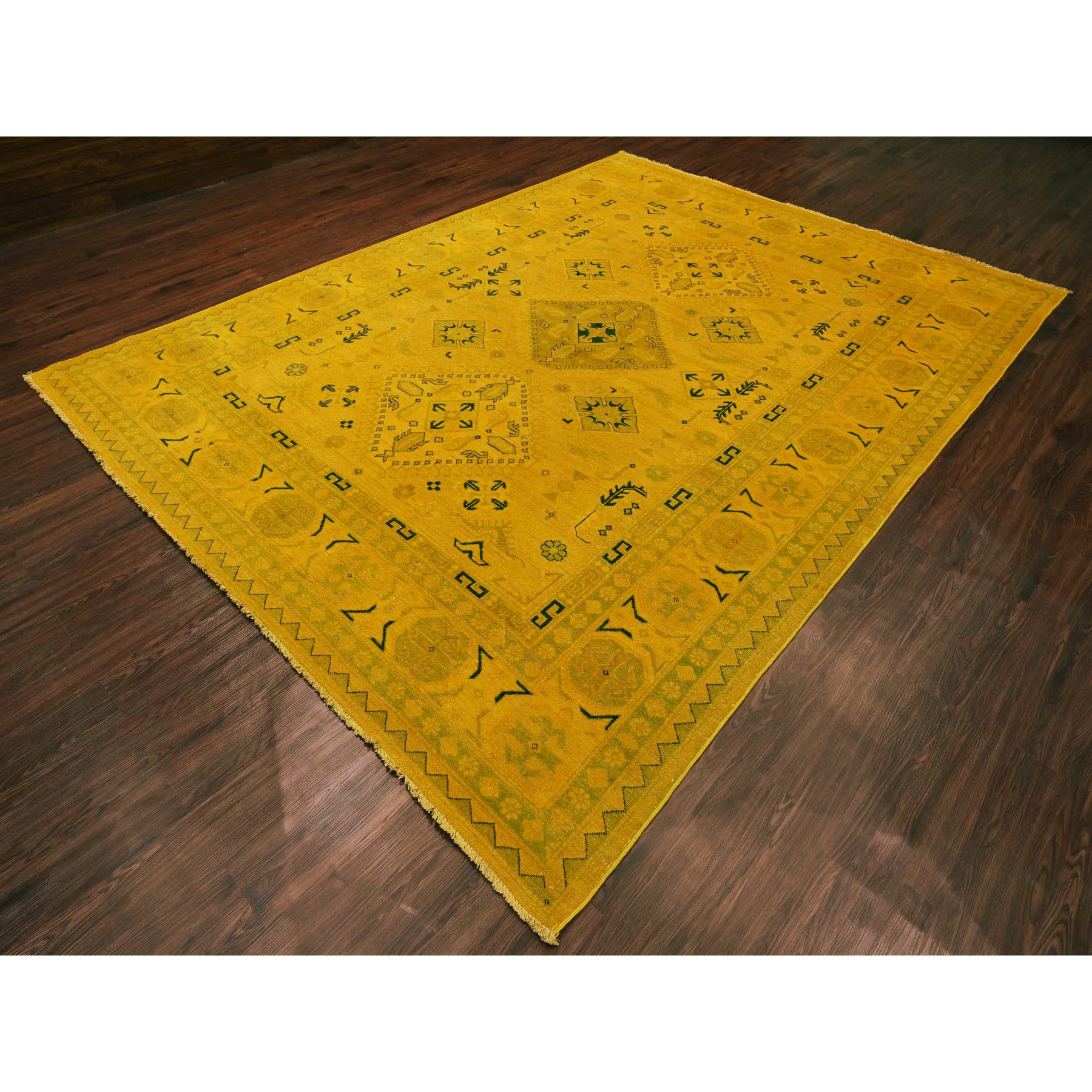 8'6"x11'4" Golden Yellow, Overdyed Kazak with Geometric Design, Hand Knotted, 100% Wool, Oriental Rug Sh20248