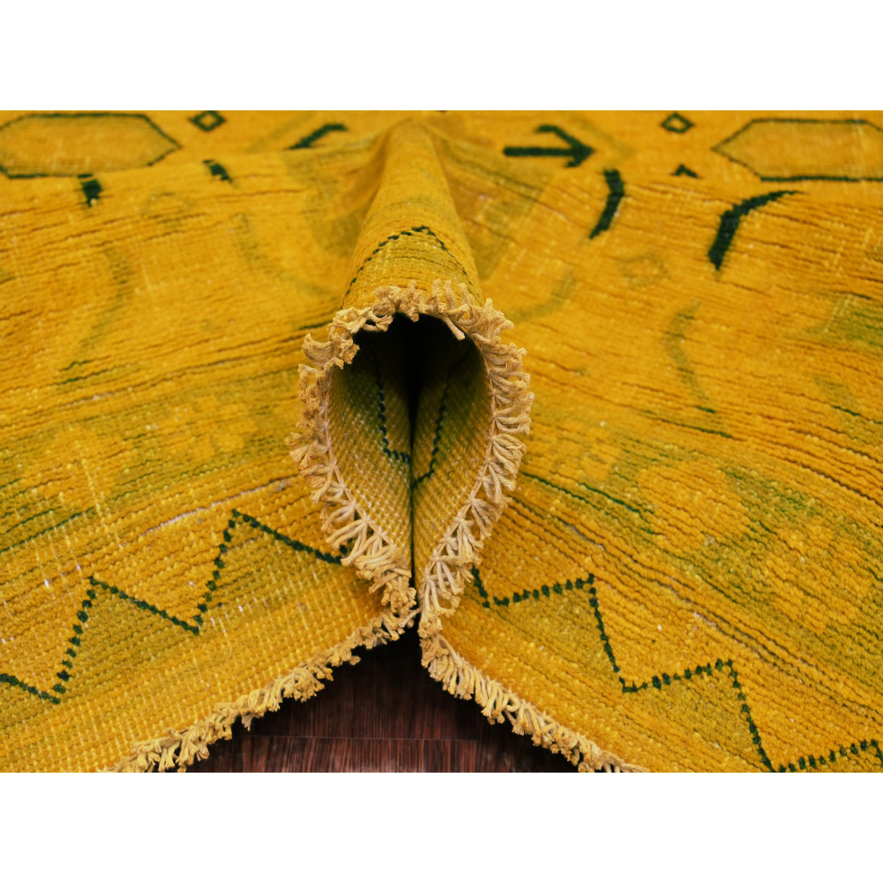 8'6"x11'4" Golden Yellow, Overdyed Kazak with Geometric Design, Hand Knotted, 100% Wool, Oriental Rug Sh20248