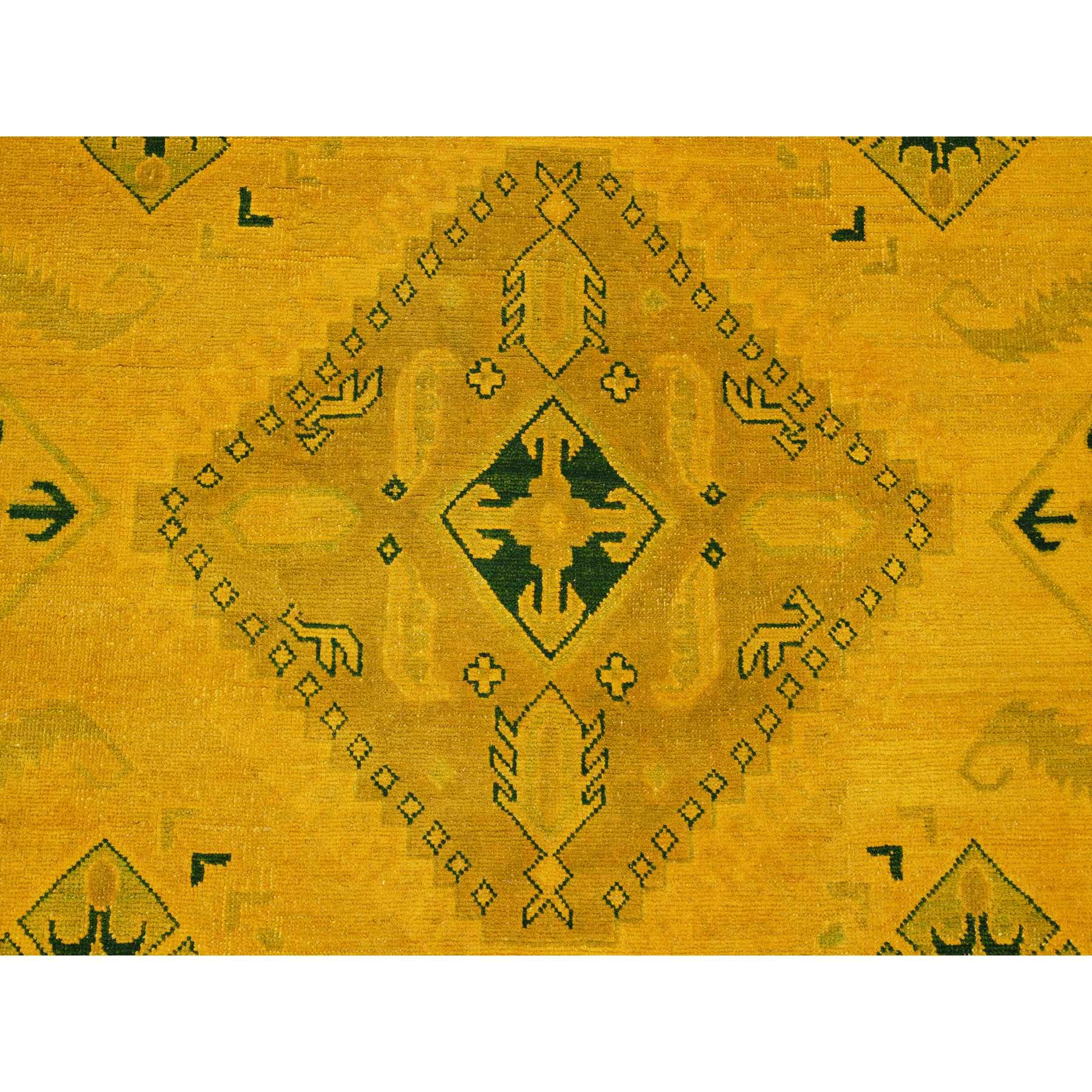 8'6"x11'4" Golden Yellow, Overdyed Kazak with Geometric Design, Hand Knotted, 100% Wool, Oriental Rug Sh20248
