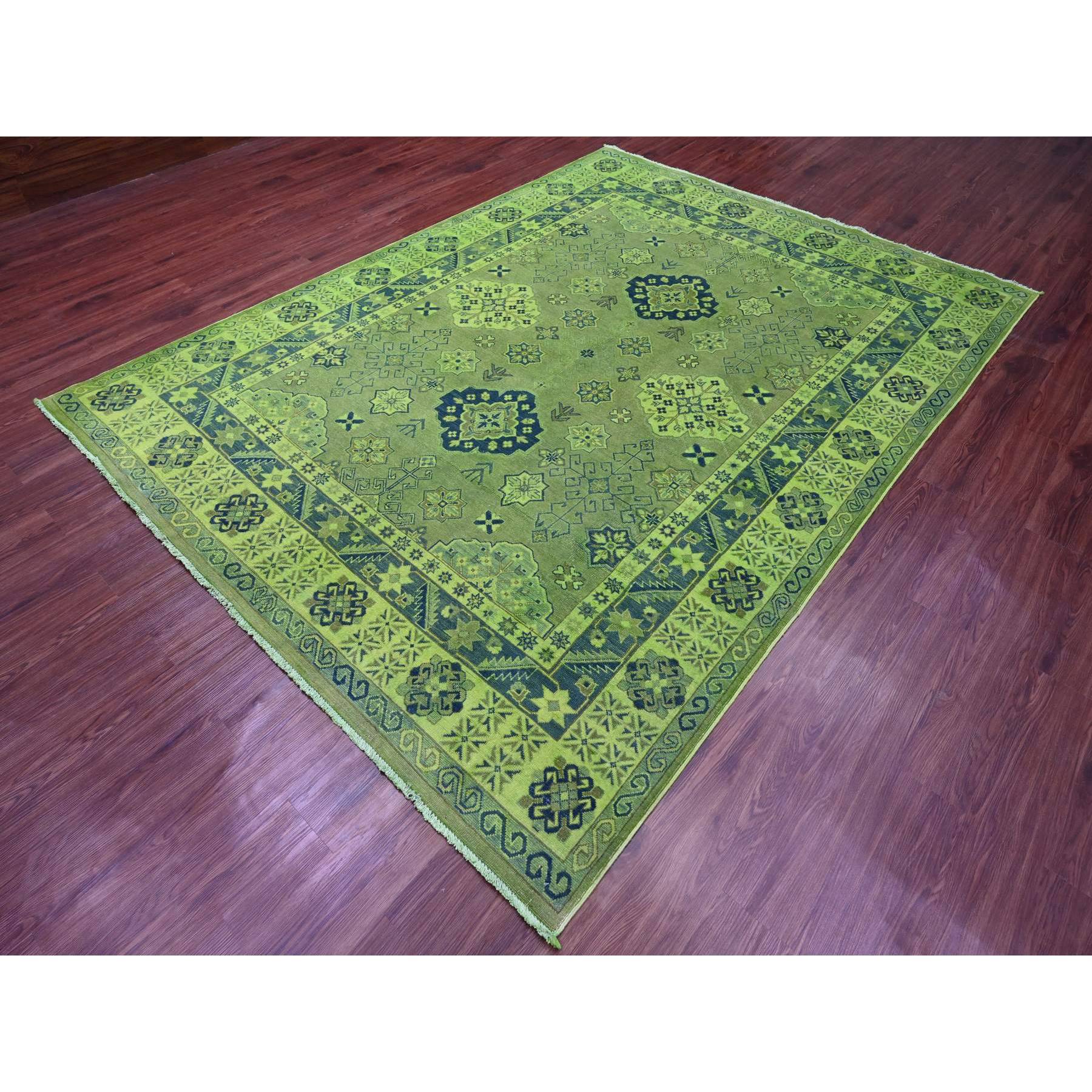 7'5"x10' Olive Green, Hand Knotted, Overdyed Kazak with Tribal Design, Pure Wool, Oriental Rug Sh20250