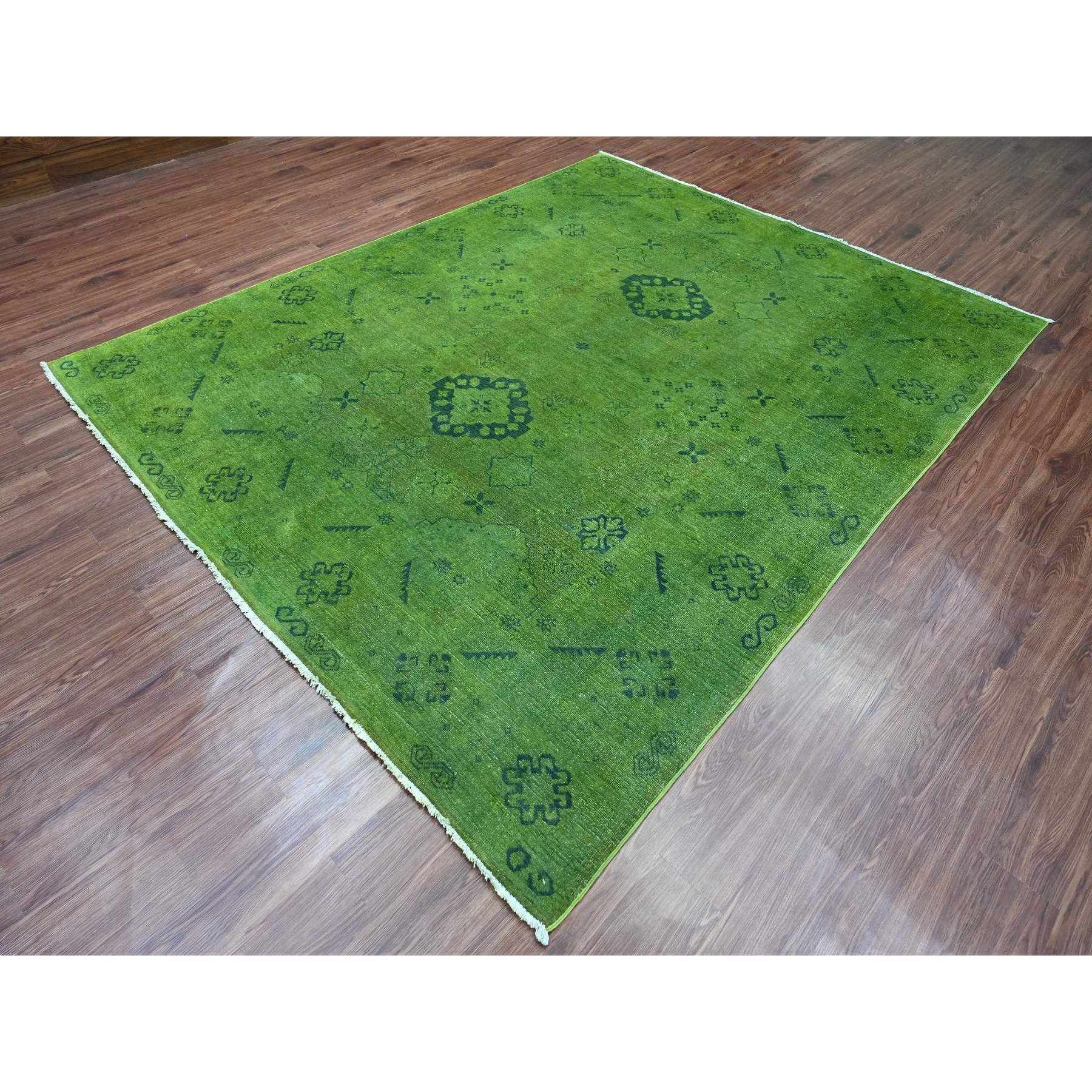 7'10"x9'7" Emerald Green, Overdyed Kazak with All Over Geometric Pattern, Pure Wool, Hand Knotted, Oriental Rug Sh20251