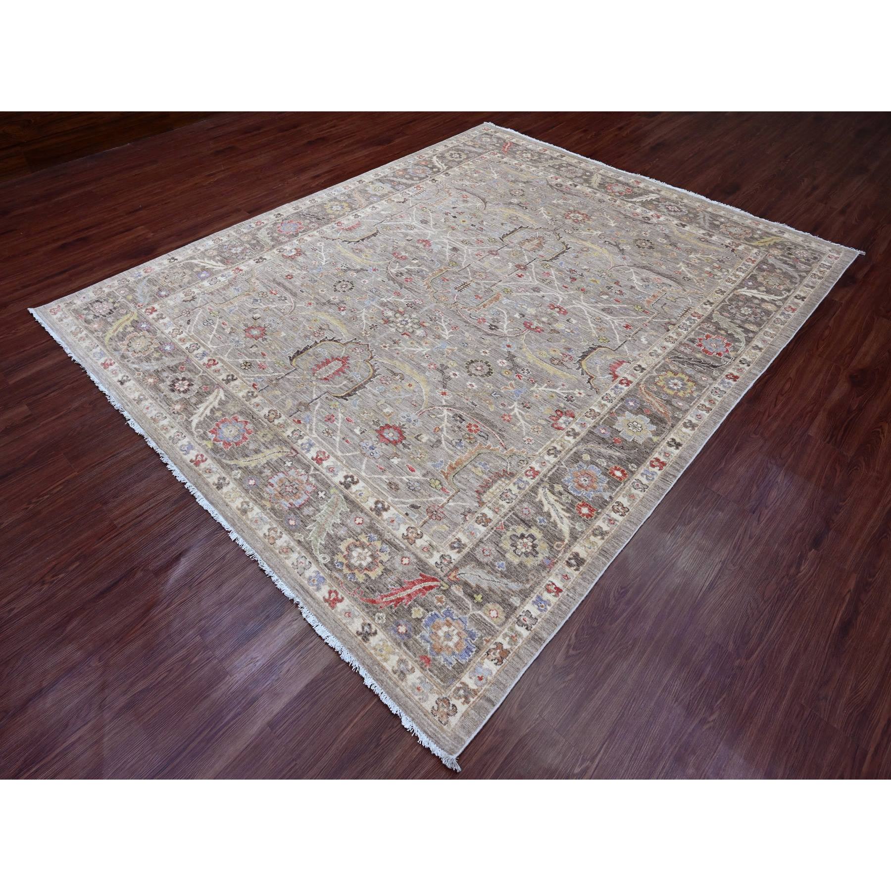 8'x9'9" Dark Vanilla Brown, Peshawar with Heriz All Over Design, High Mountain Wool, Hand Knotted, Natural Dyes, Densely Woven, Oriental Rug Sh20253