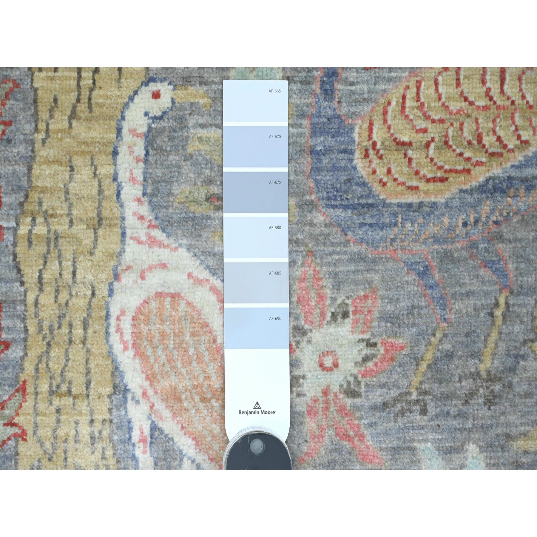 5'8"x5'8" Battleship Gray, Afghan Peshawar with Birds of Paradise Design, Hand Knotted, 100% Soft Wool, Vegetable Dyes, Round, Oriental Rug Sh20257