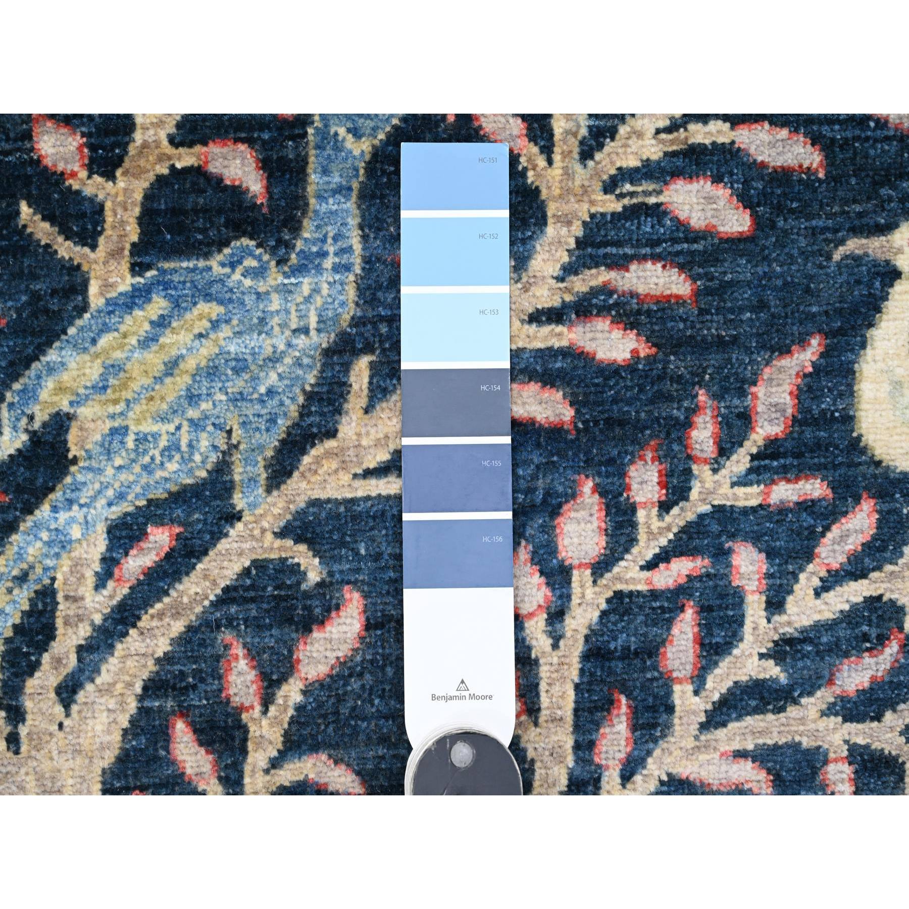 4'1"x'9'9" Yale Blue, Afghan Peshawar with Birds of Paradise Design, Soft Wool, Hand Knotted, Natural Dyes, Wide Runner, Oriental Rug Sh20259