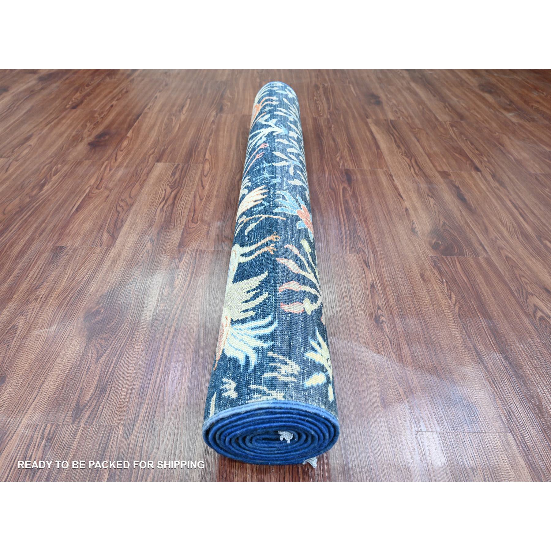 4'1"x'9'9" Yale Blue, Afghan Peshawar with Birds of Paradise Design, Soft Wool, Hand Knotted, Natural Dyes, Wide Runner, Oriental Rug Sh20259