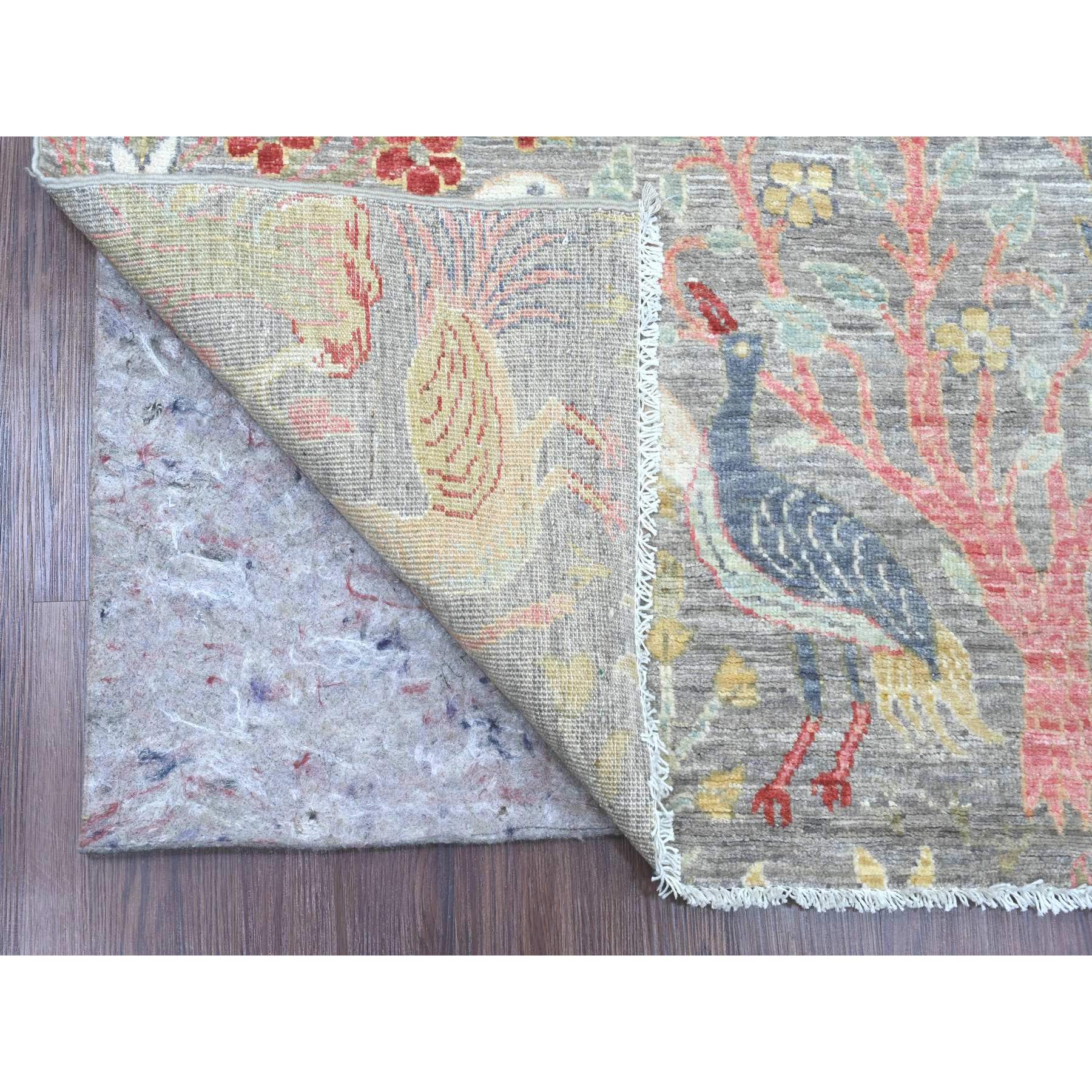 3'10"x11'2" Medium Gray, Afghan Peshawar with Birds of Paradise Design, Hand Knotted, Soft Pile, Pure Wool, Vegetable Dyes, Runner, Oriental Rug Sh20260