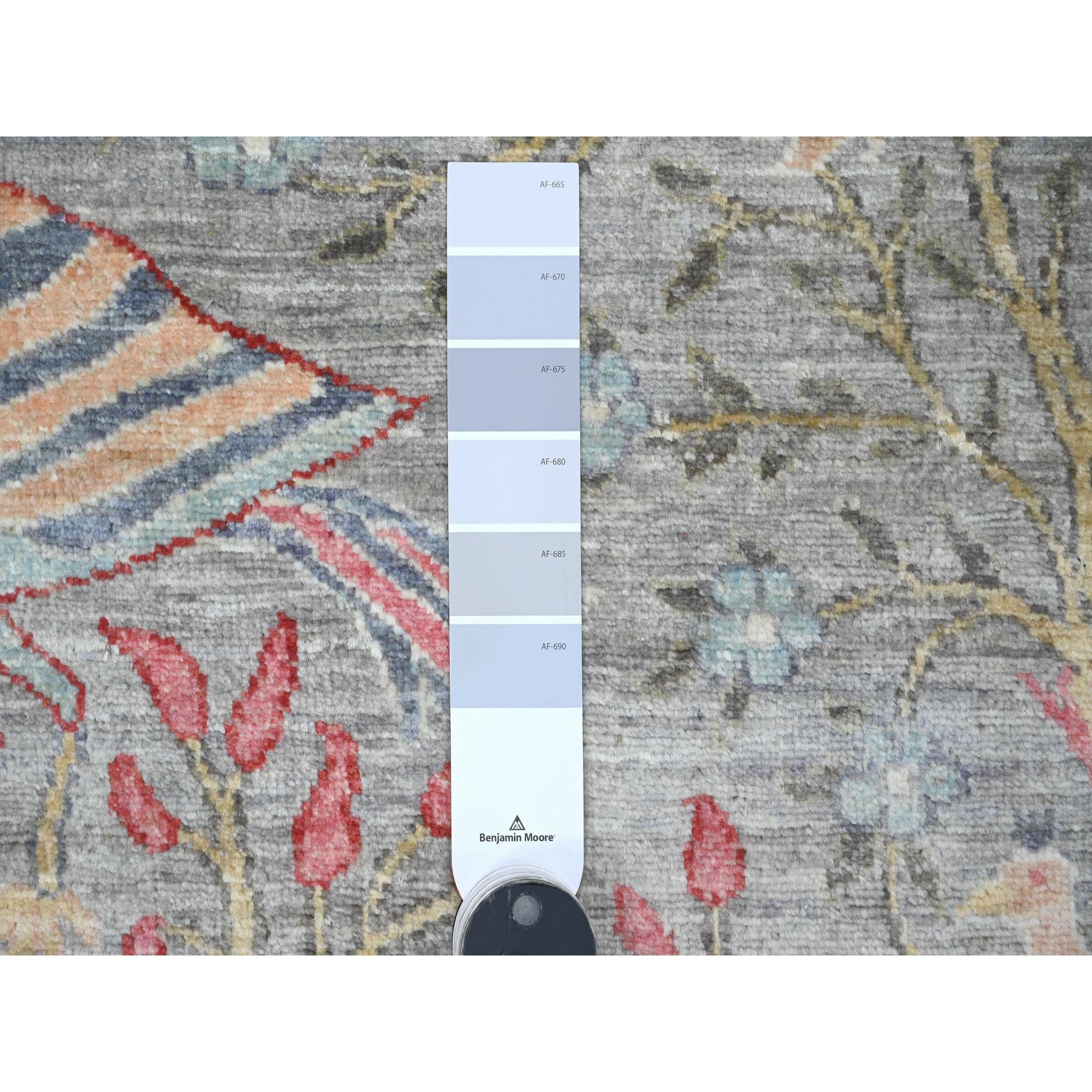 3'10"x11'2" Medium Gray, Afghan Peshawar with Birds of Paradise Design, Hand Knotted, Soft Pile, Pure Wool, Vegetable Dyes, Runner, Oriental Rug Sh20260