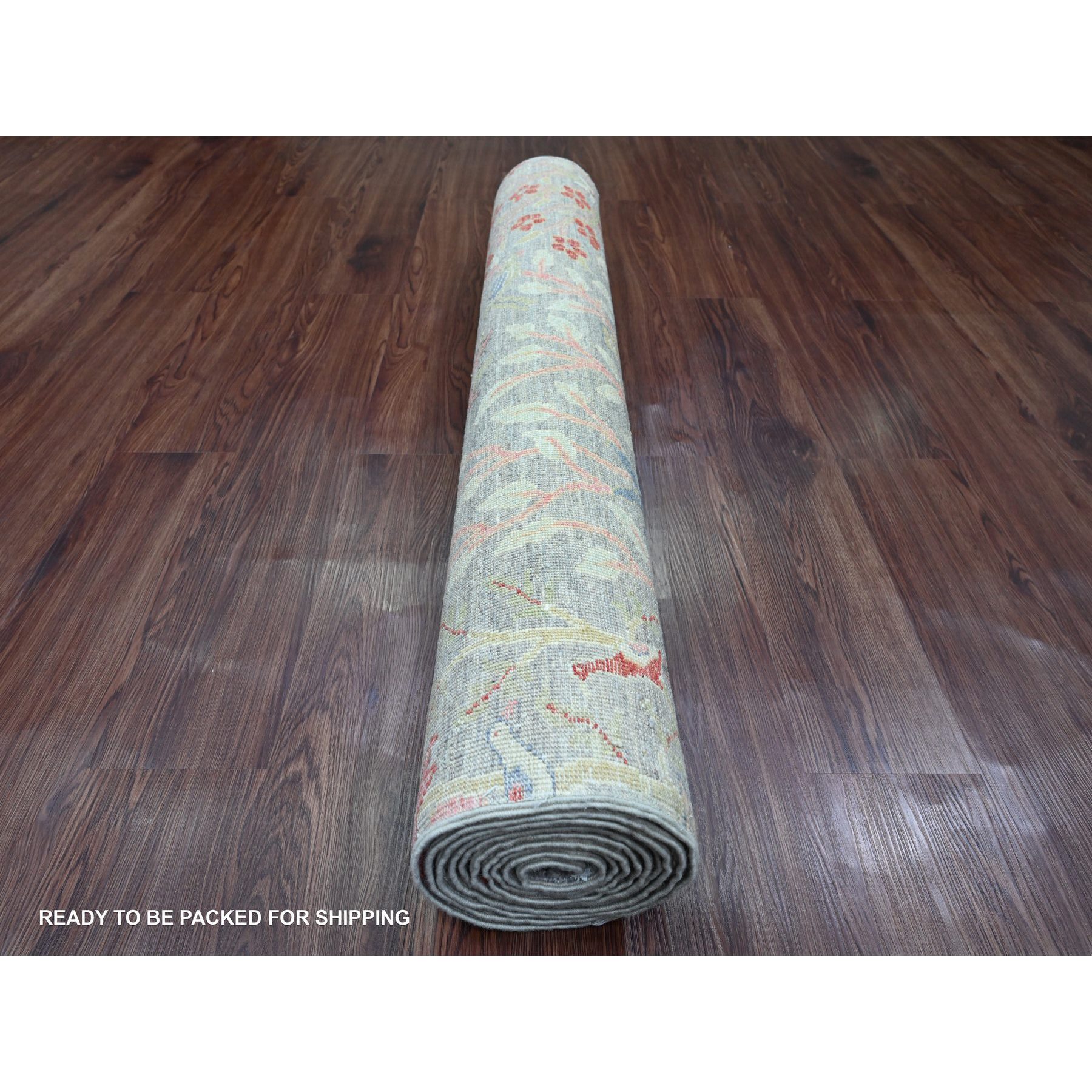 3'10"x11'2" Medium Gray, Afghan Peshawar with Birds of Paradise Design, Hand Knotted, Soft Pile, Pure Wool, Vegetable Dyes, Runner, Oriental Rug Sh20260