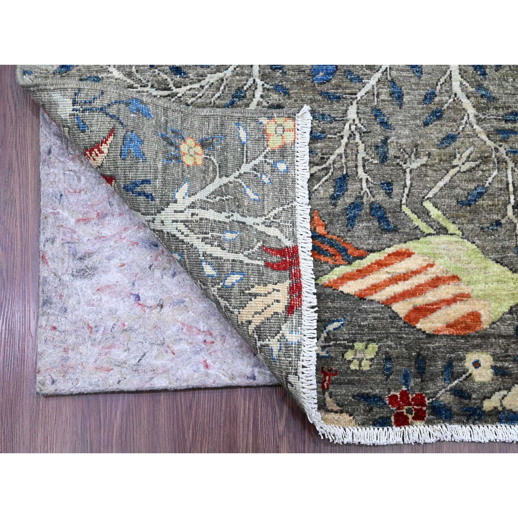 4'x16'4" Nevada Gray, Afghan Peshawar with Colorful Birds of Paradise Design, Hand Knotted, Soft and Vibrant Wool, Natural Dyes, XL Wide Runner, Oriental Rug Sh20261