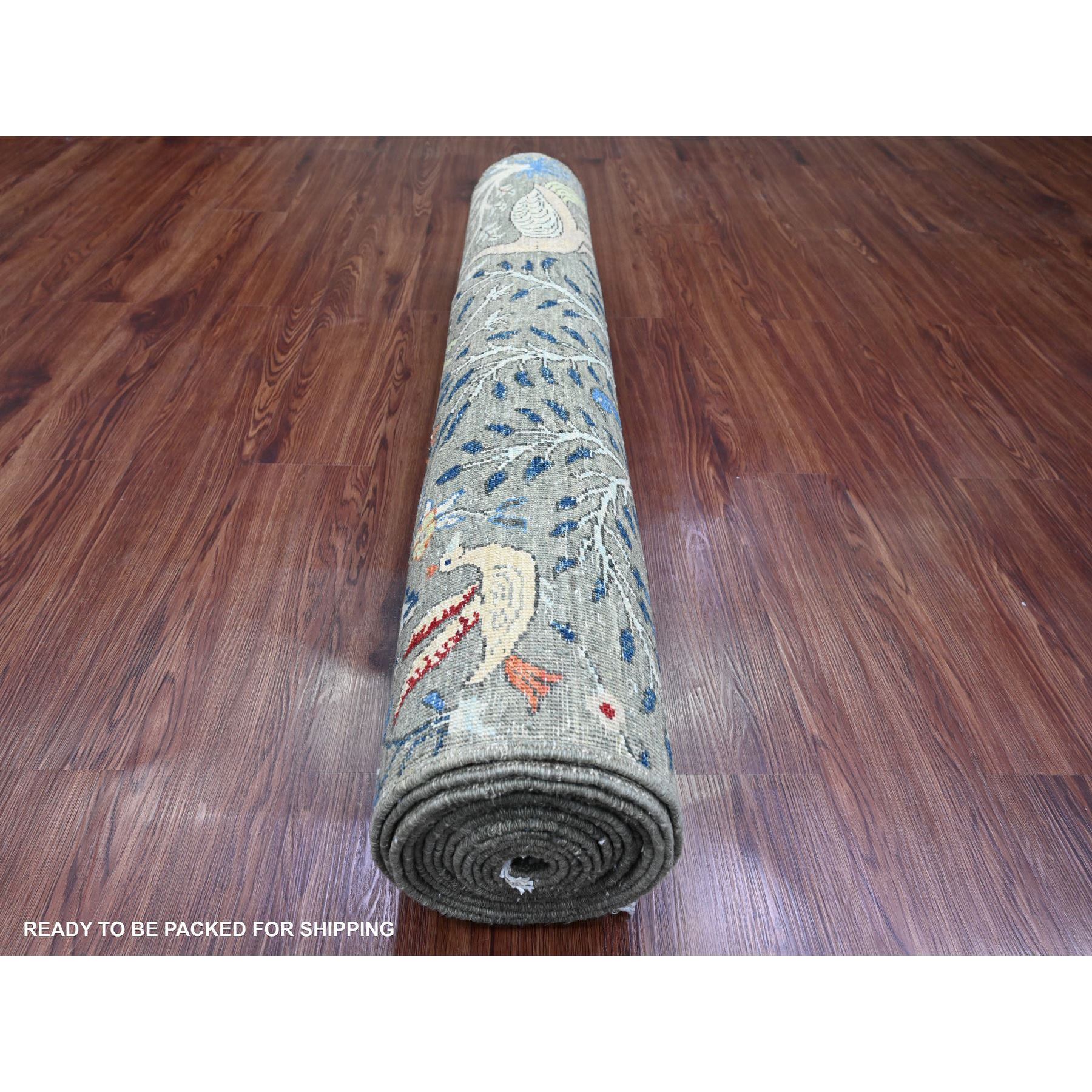 4'x16'4" Nevada Gray, Afghan Peshawar with Colorful Birds of Paradise Design, Hand Knotted, Soft and Vibrant Wool, Natural Dyes, XL Wide Runner, Oriental Rug Sh20261