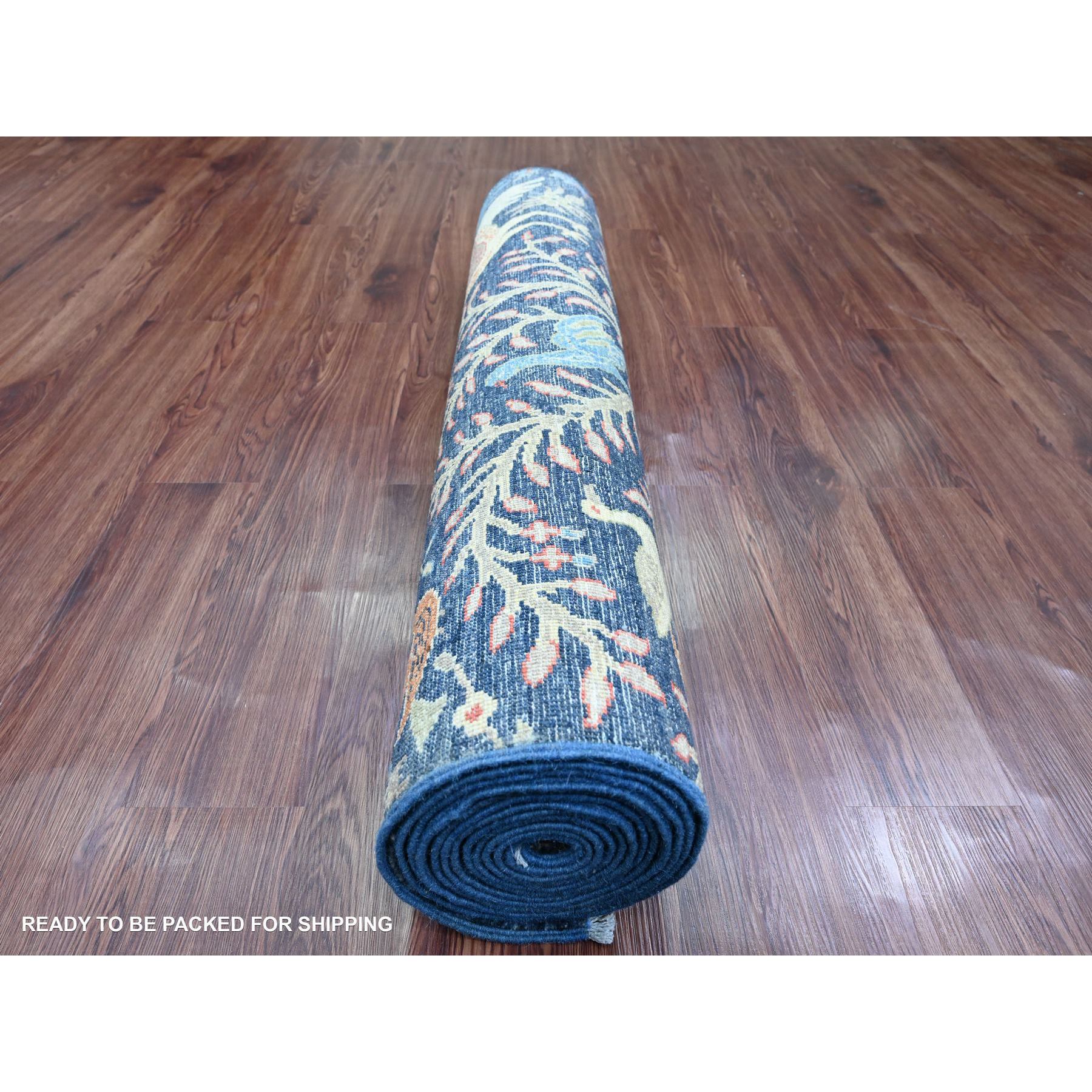 4'x15'8" Aegean Blue, Hand Knotted, Afghan Peshawar with Birds of Paradise Design, Soft Wool, Veggie Dyes, XL Wide Runner, Oriental Rug Sh20263
