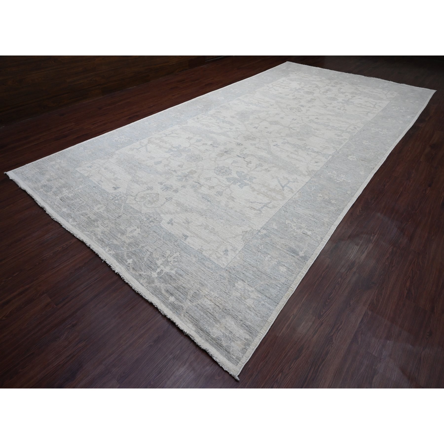 8'10"x17'4" Chiffon White, Afghan Angora Oushak with All Over Vines Design, 100% Wool, Hand Knotted, Natural Dyes, Gallery Size, Long and Narrow, Oversized, Runner, Oriental Rug Sh20264