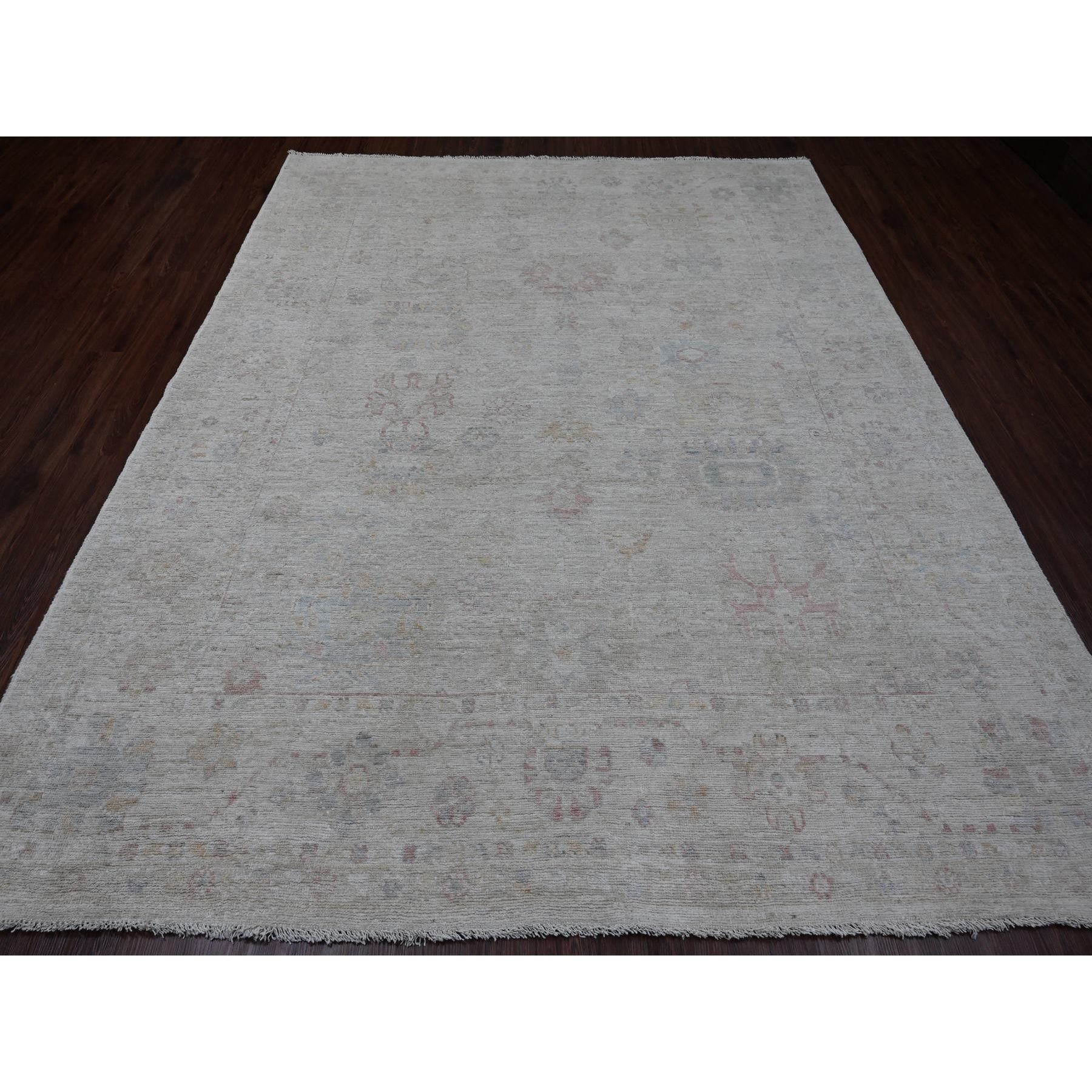 7'10"x9'8" Oyster Gray, Hand Knotted, Afghan Angora Oushak with All Over Leaf Design, Veggie Dyes, 100% Wool, Oriental Rug Sh20265