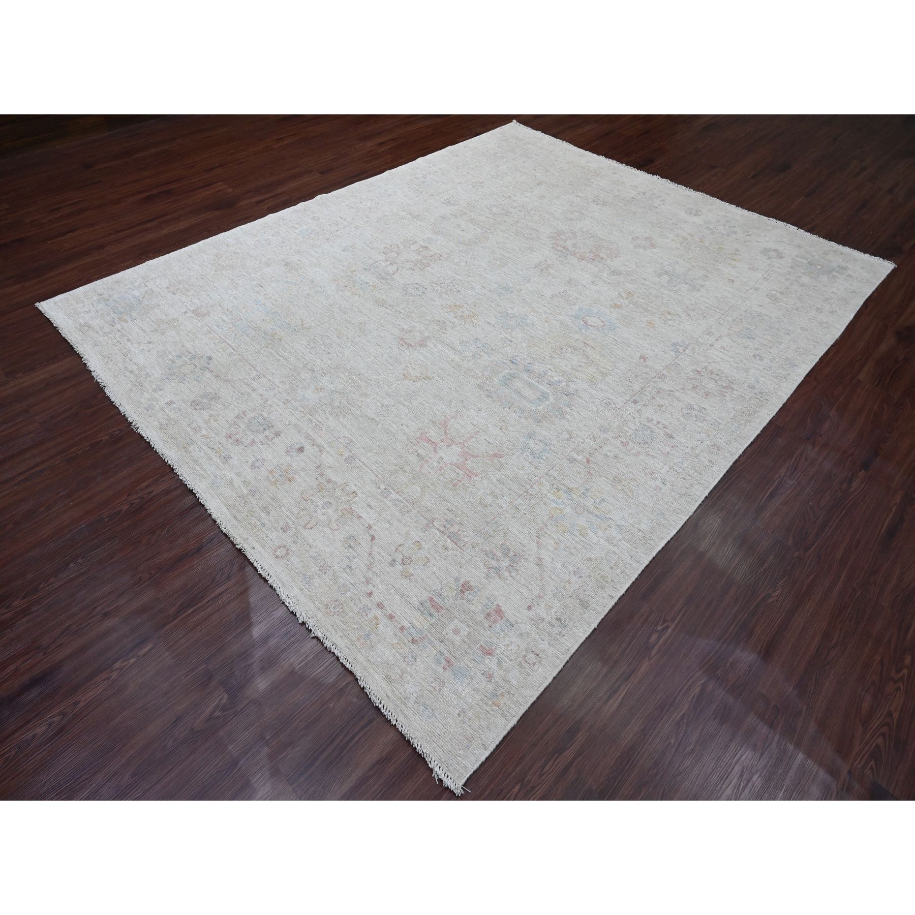 7'10"x9'8" Oyster Gray, Hand Knotted, Afghan Angora Oushak with All Over Leaf Design, Veggie Dyes, 100% Wool, Oriental Rug Sh20265