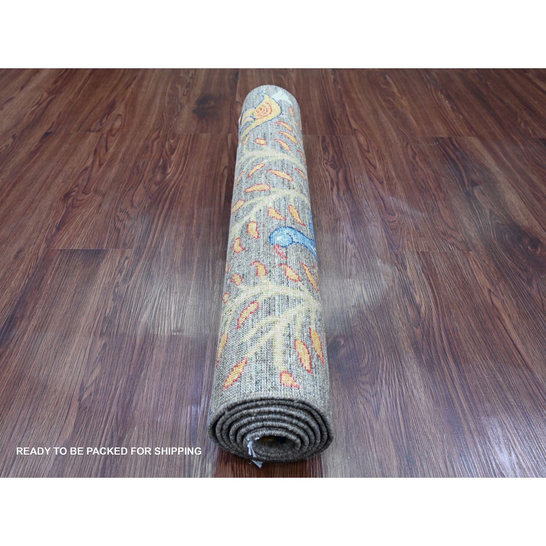 2'8"x5'8" Sonic Gray, Afghan Peshawar with Birds of Paradise Design, Hand Knotted, Soft and Shiny Wool, Natural Dyes, Short Runner, Oriental Rug Sh20267