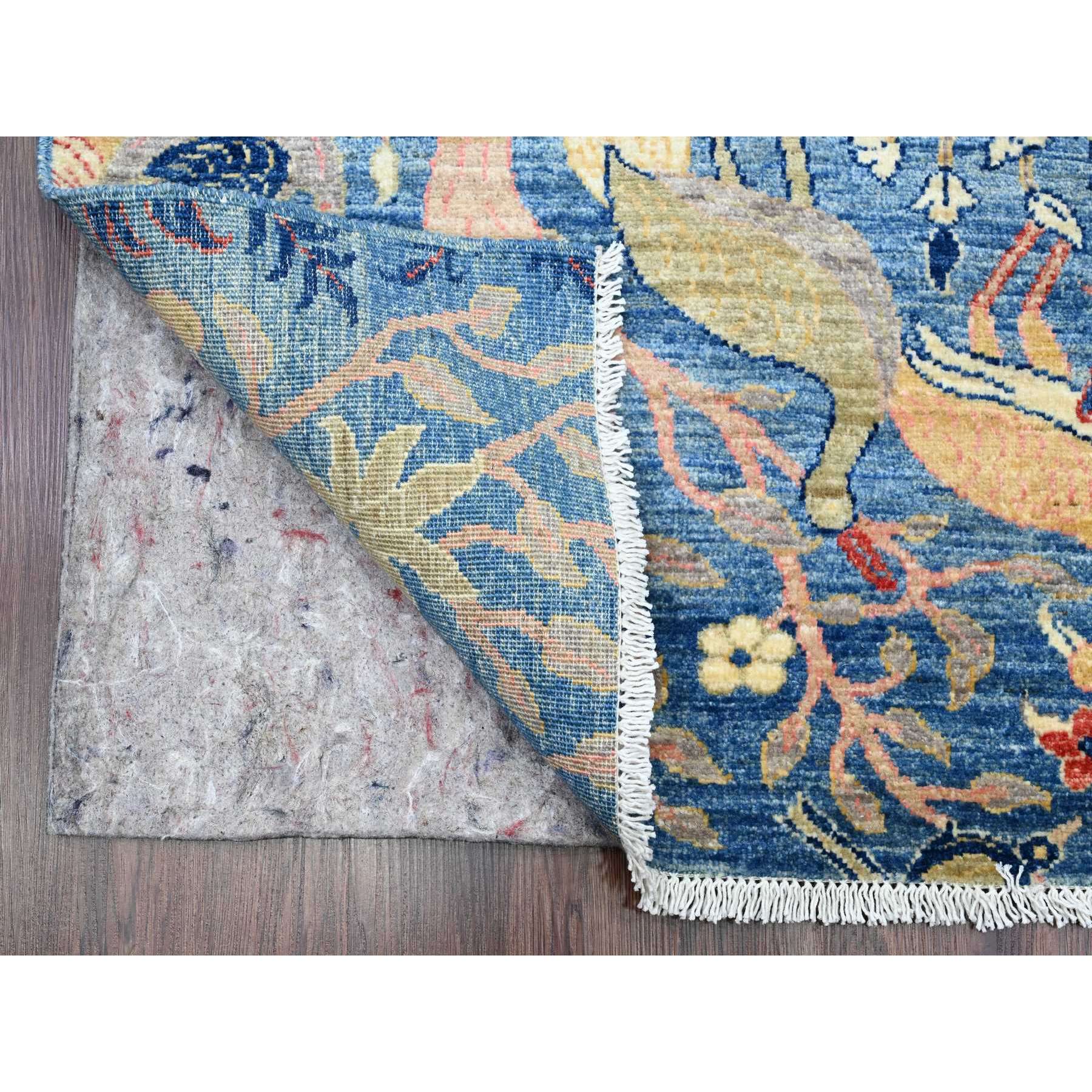 3'1"x19'4" Lake Blue, Afghan Peshawar with Birds of Paradise Design, Hand Knotted, 100% Soft Wool, Vegetable Dyes, XL Runner, Oriental Rug Sh20269