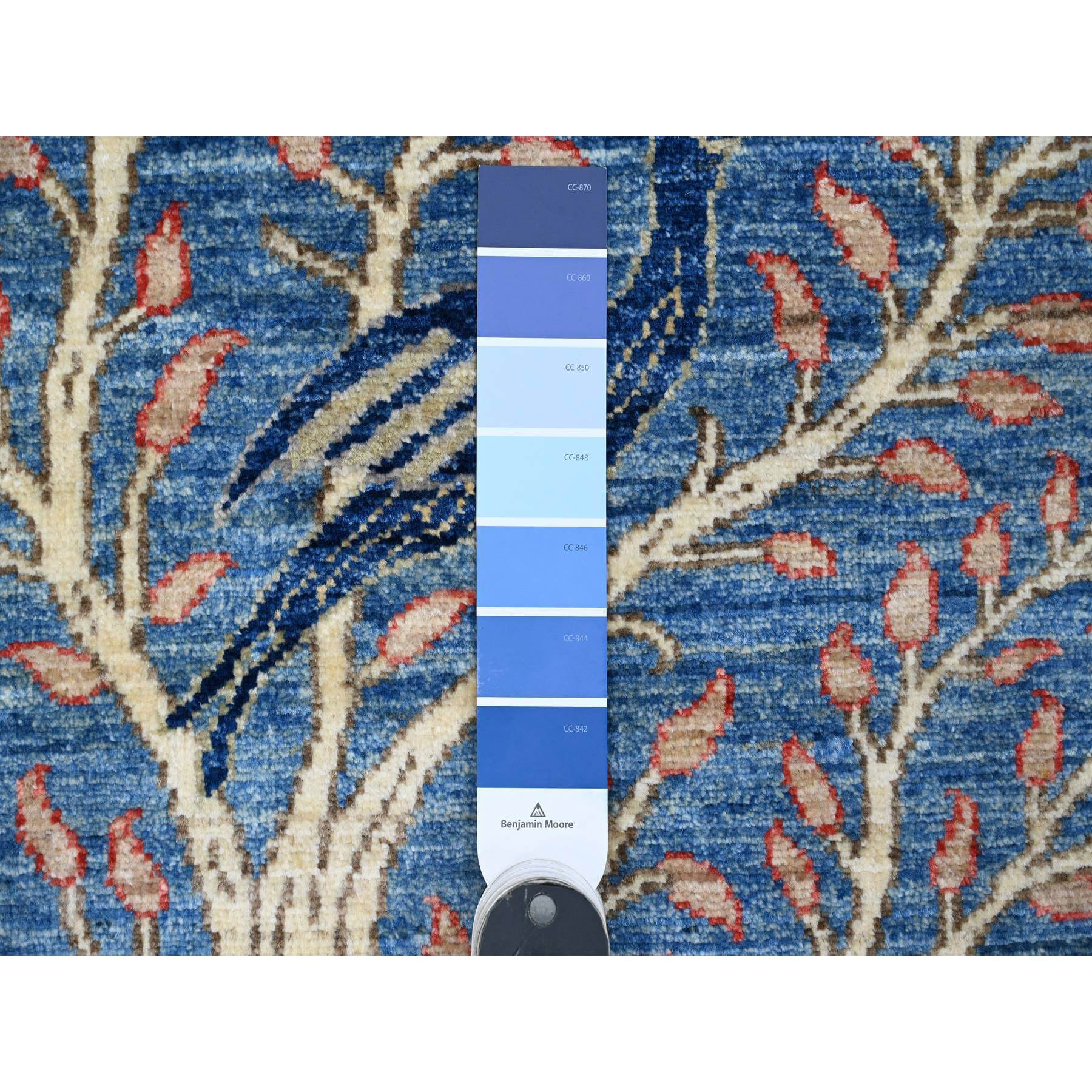 3'1"x19'4" Lake Blue, Afghan Peshawar with Birds of Paradise Design, Hand Knotted, 100% Soft Wool, Vegetable Dyes, XL Runner, Oriental Rug Sh20269